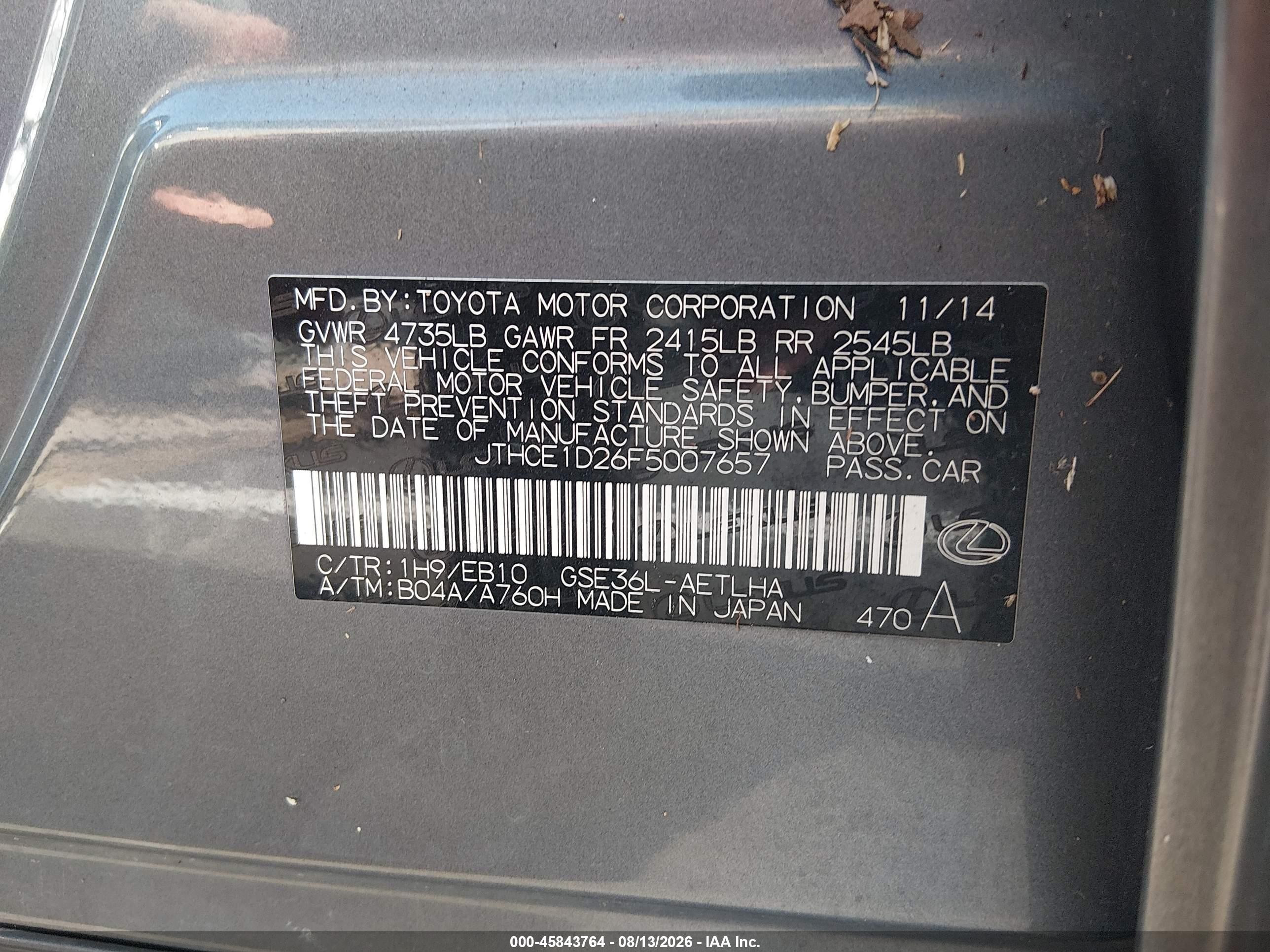 2015 Lexus Is 350 Gray vin: JTHCE1D26F5007657