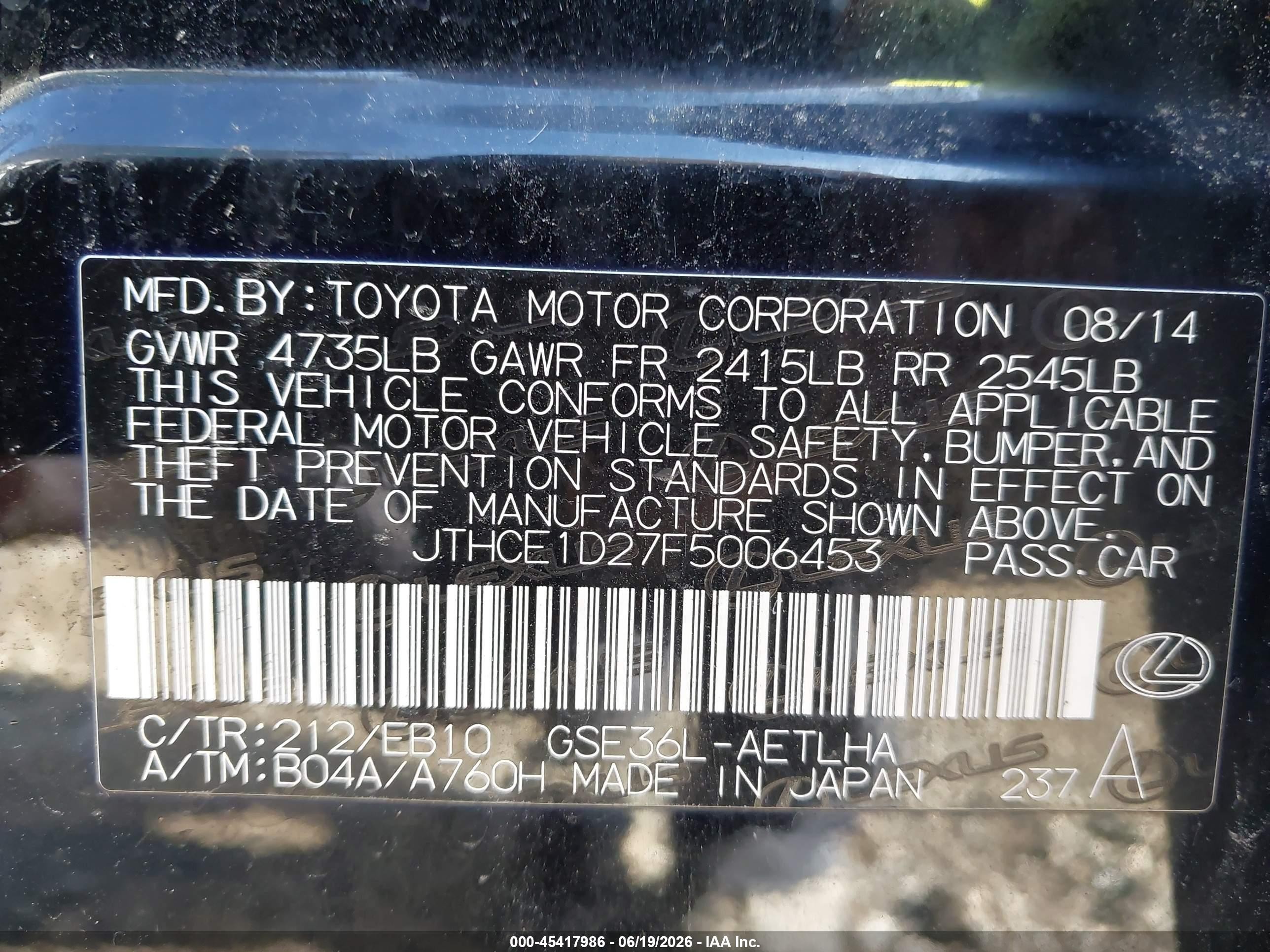 2015 Lexus Is 350   Black vin: JTHCE1D27F5006453