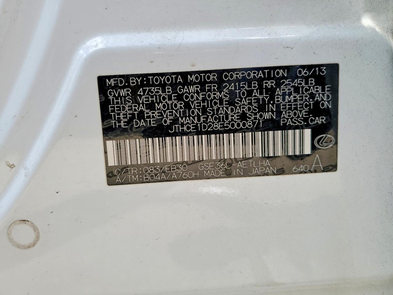 2014 Lexus Is 350 White vin: JTHCE1D28E5000871
