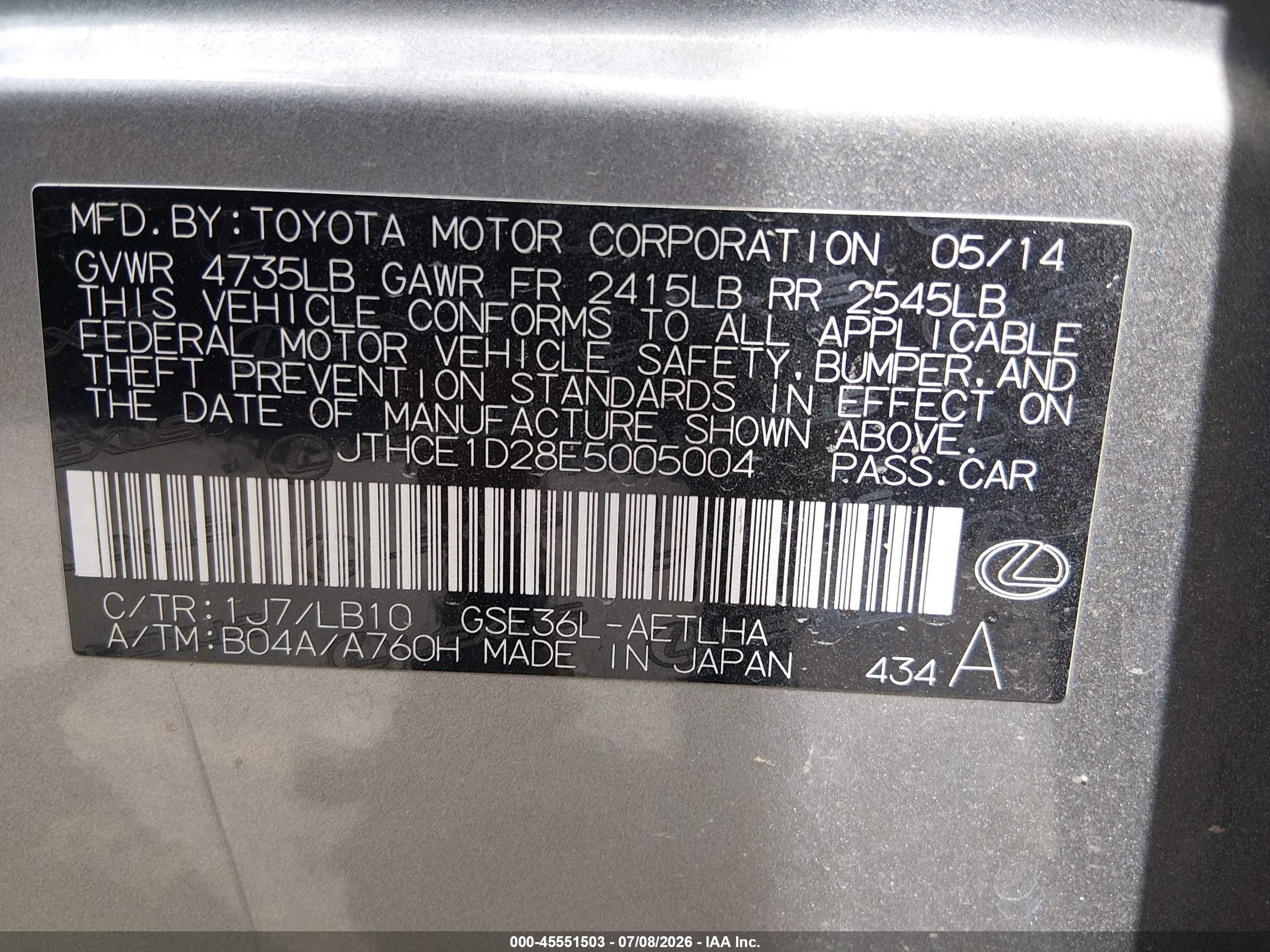 2014 Lexus Is 350 Silver vin: JTHCE1D28E5005004