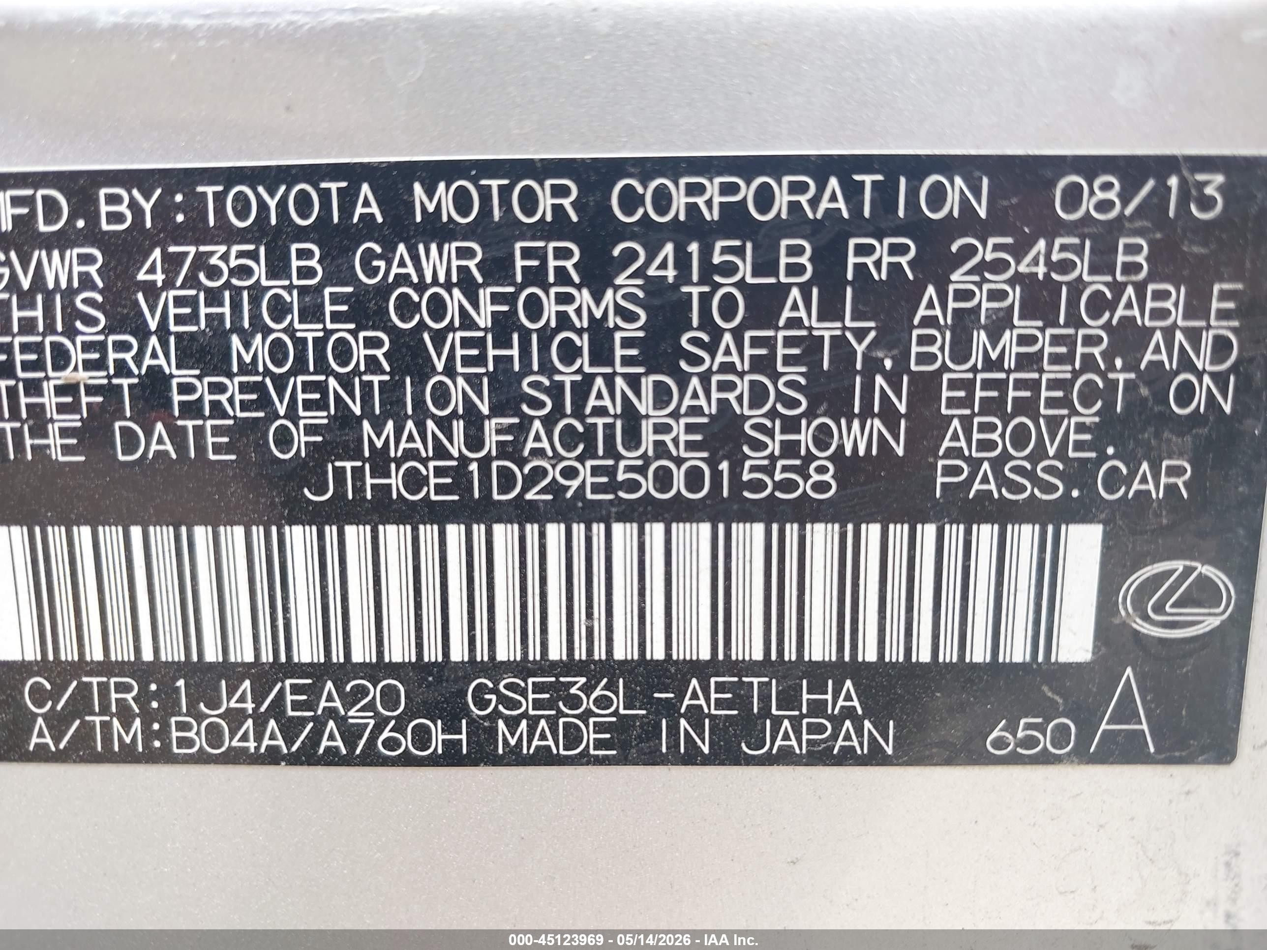 2014 Lexus Is 350   Silver vin: JTHCE1D29E5001558