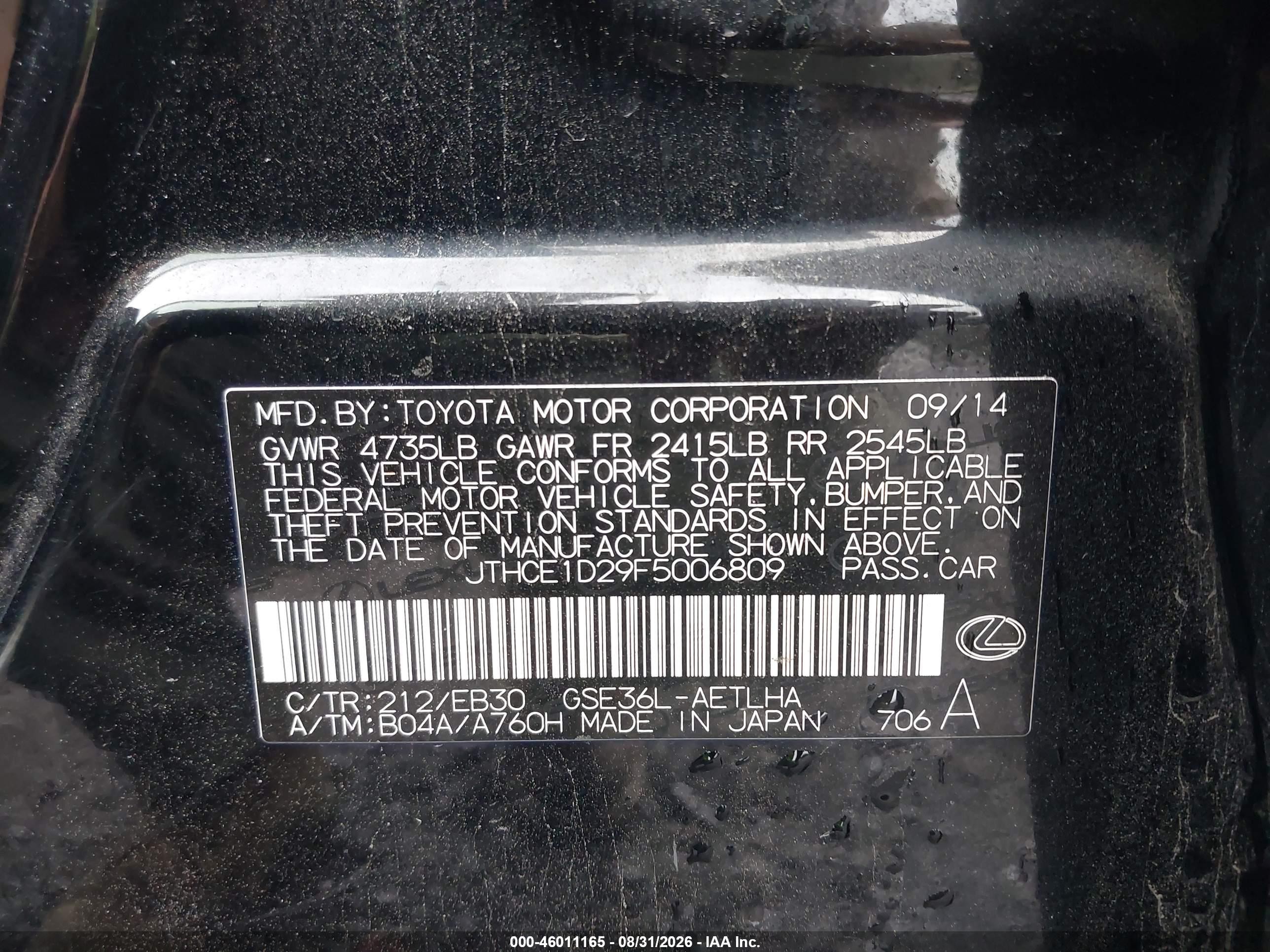2015 Lexus Is 350   Black vin: JTHCE1D29F5006809