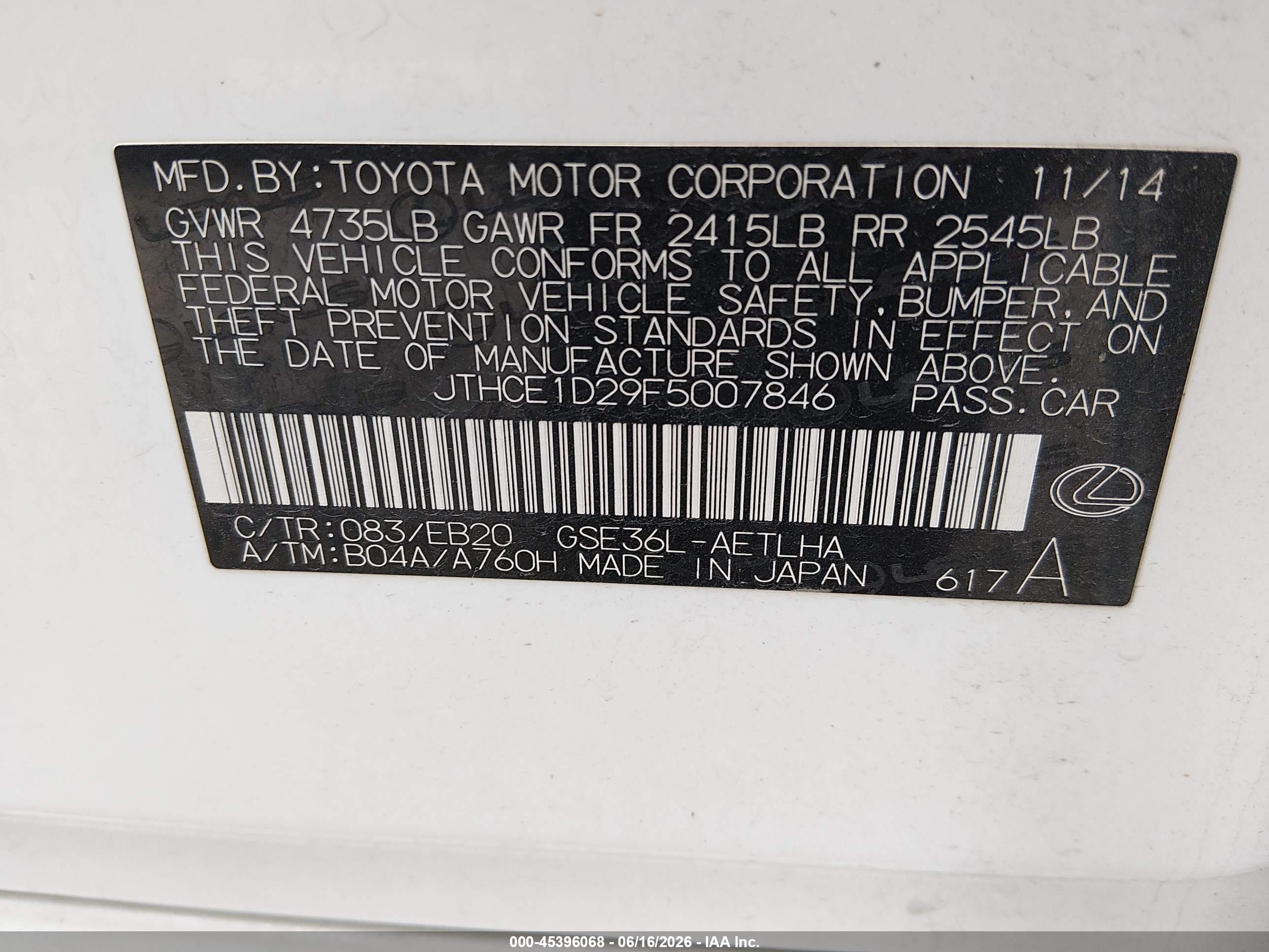 2015 Lexus Is 350   Белый vin: JTHCE1D29F5007846