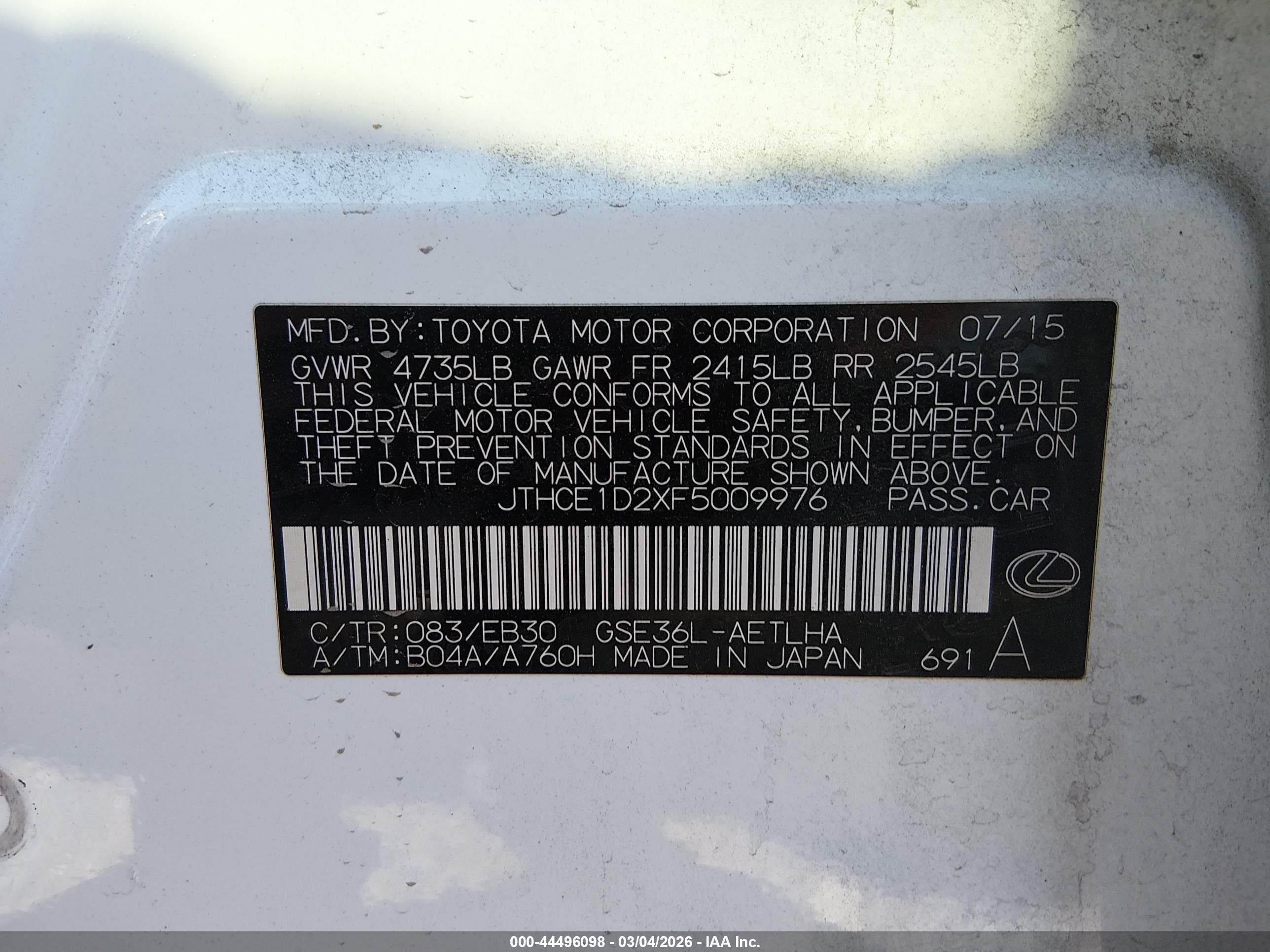 2015 Lexus Is 350   White vin: JTHCE1D2XF5009976