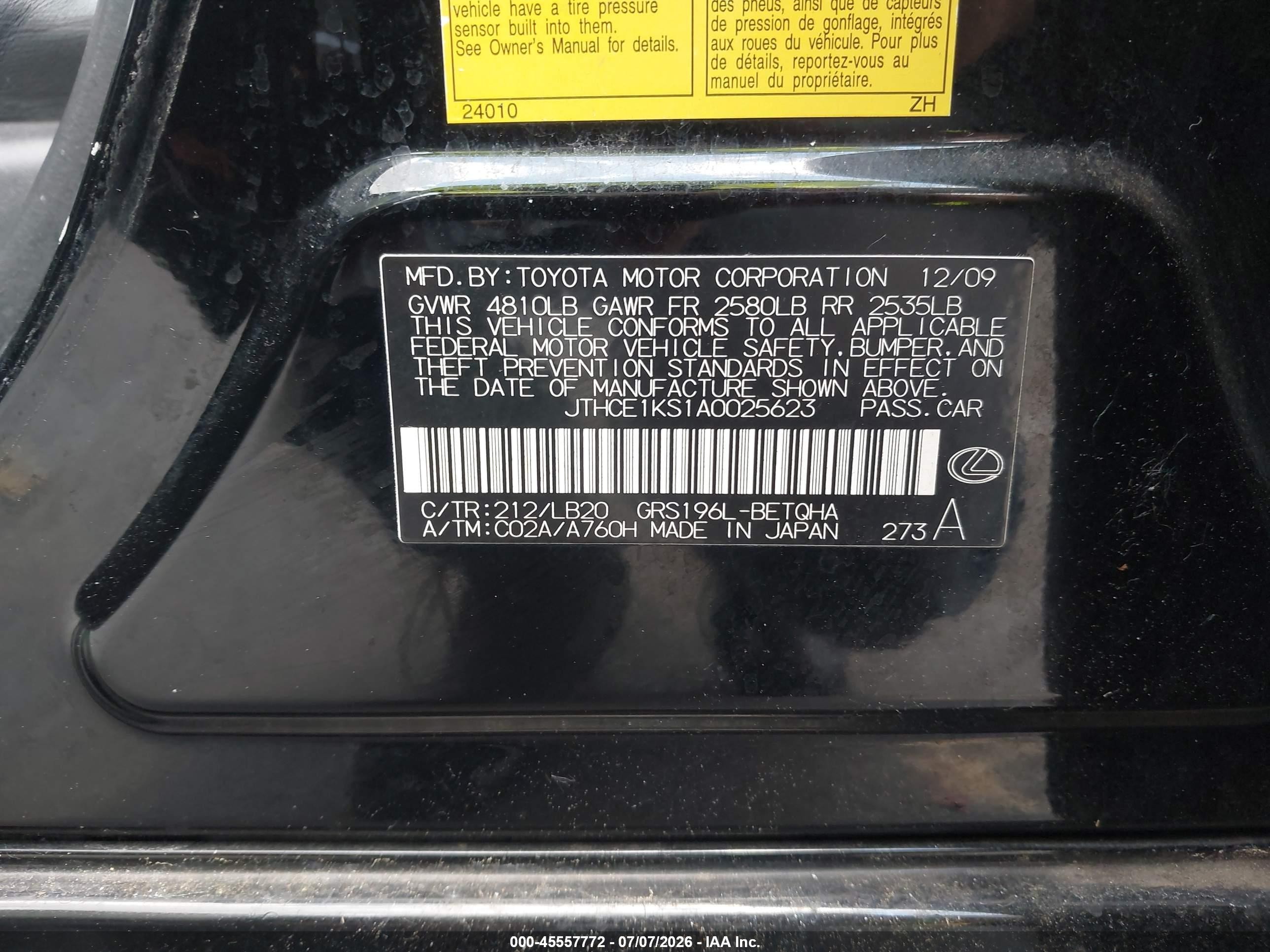 2010 Lexus Gs 350   Black vin: JTHCE1KS1A0025623