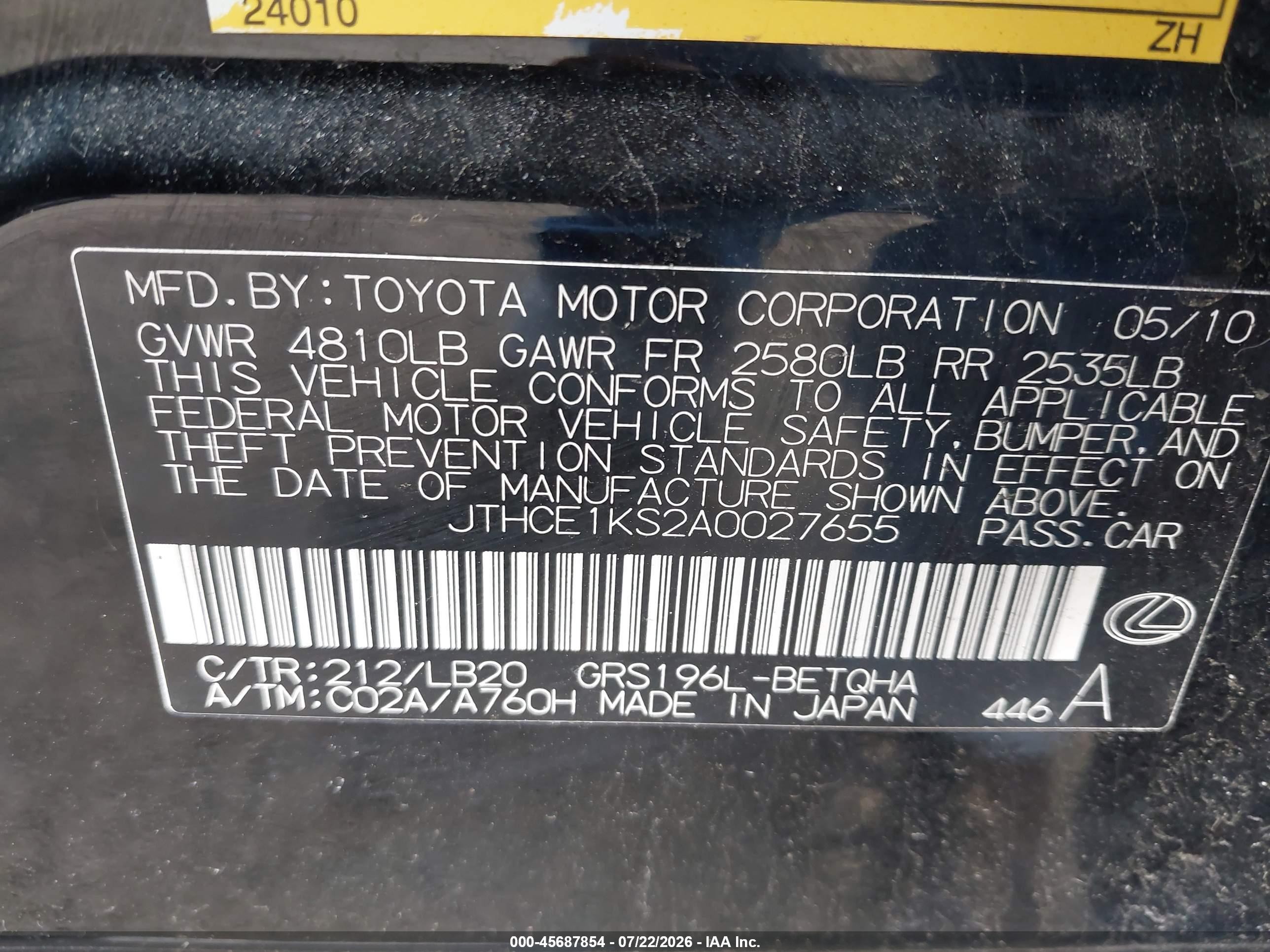 2010 Lexus Gs 350   Black vin: JTHCE1KS2A0027655