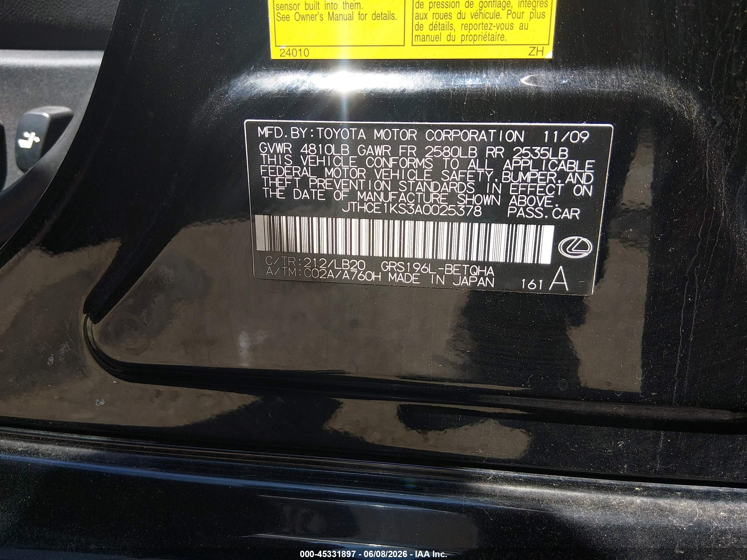 2010 Lexus Gs 350 Black vin: JTHCE1KS3A0025378