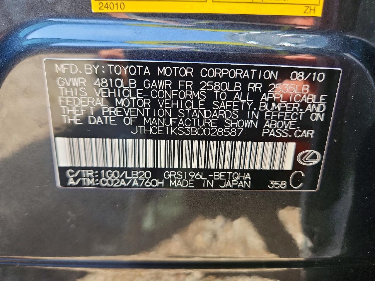 2011 Lexus Gs 350 Charcoal vin: JTHCE1KS3B0028587