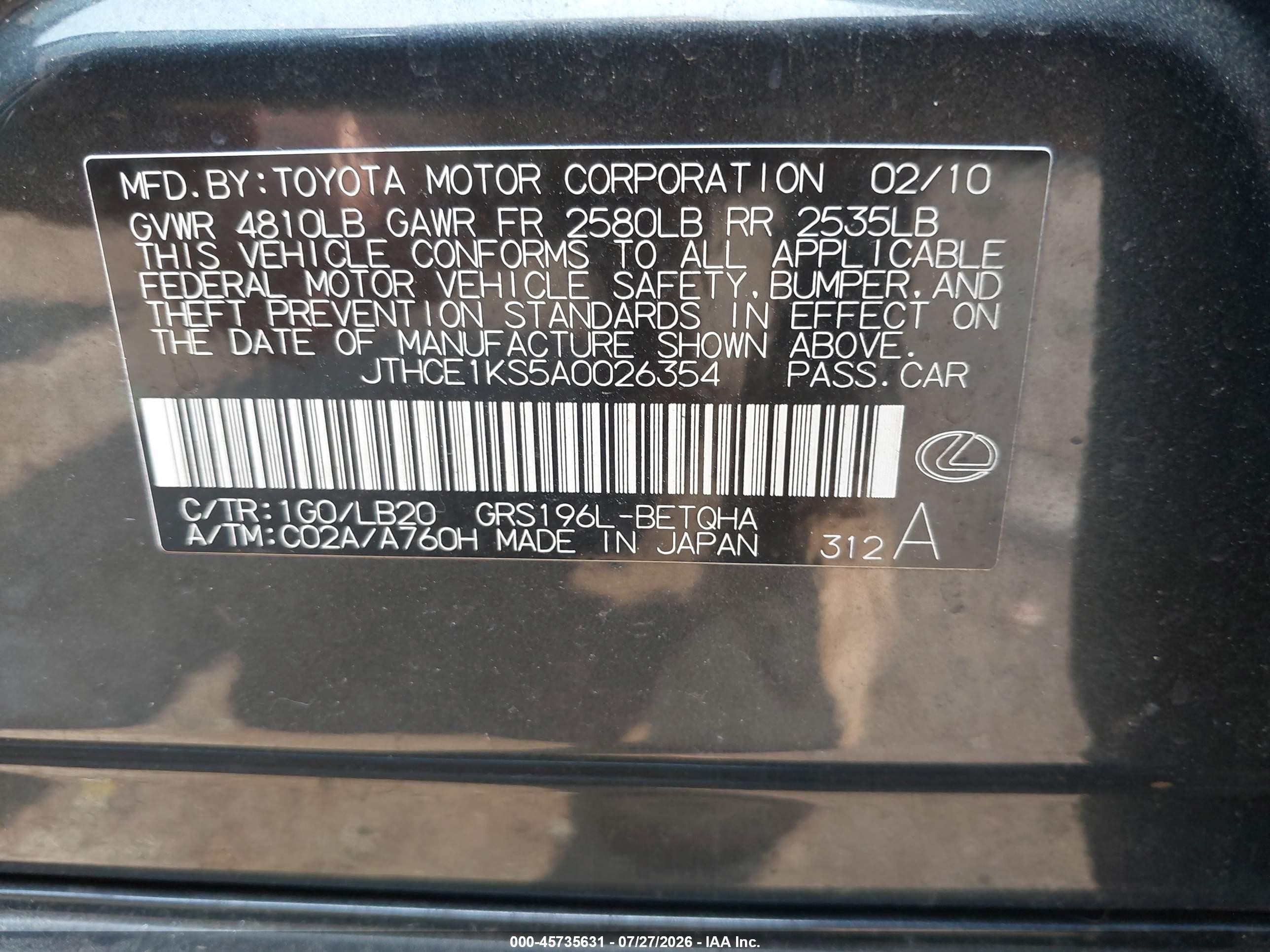 2010 Lexus Gs 350   Gray vin: JTHCE1KS5A0026354
