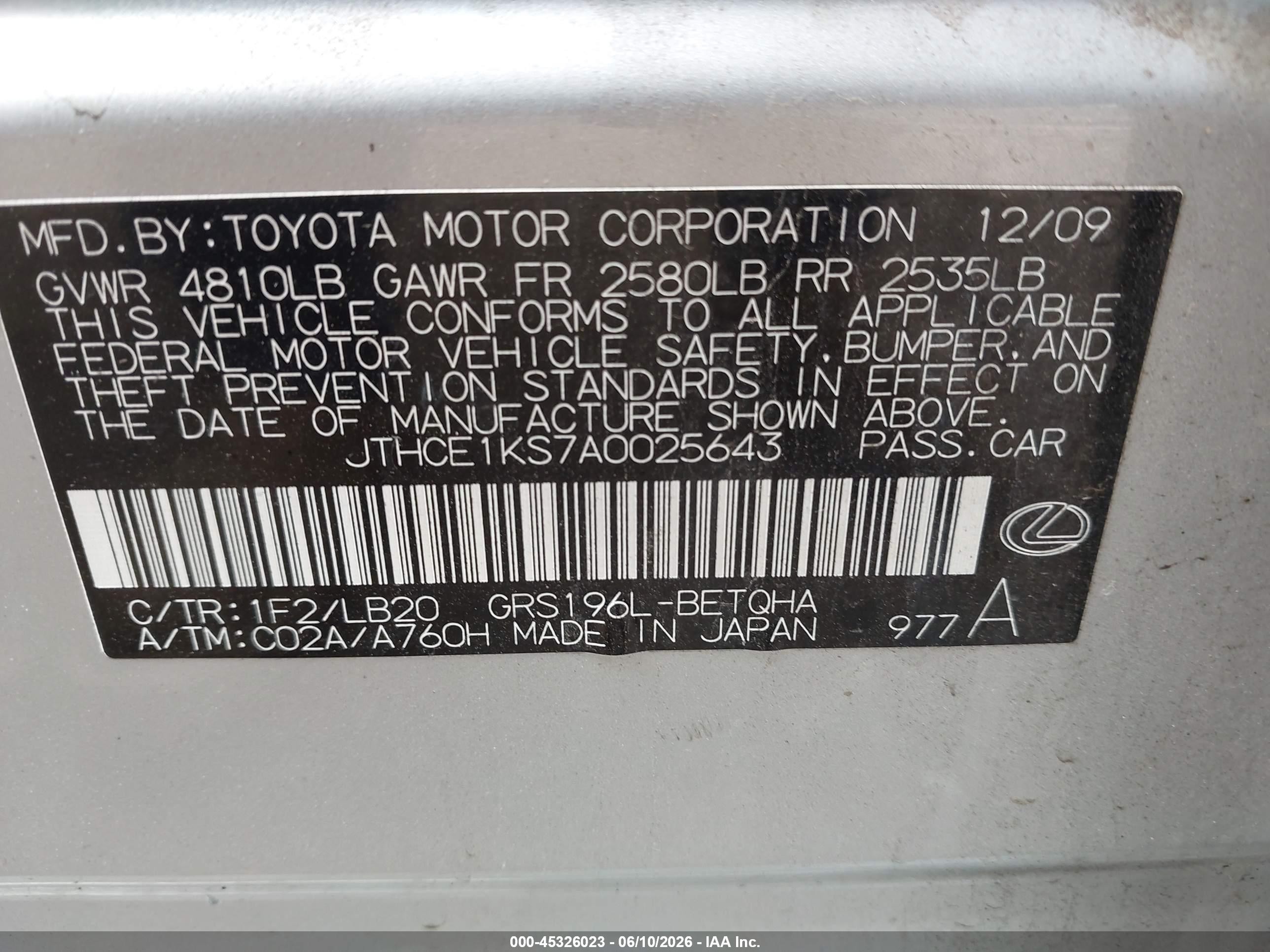 2010 Lexus Gs 350   Silver vin: JTHCE1KS7A0025643