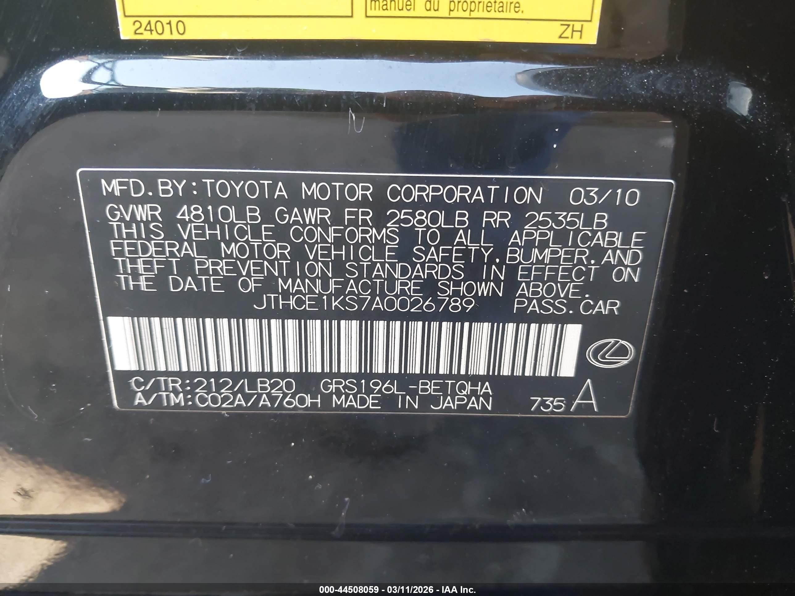 2010 Lexus Gs 350   Black vin: JTHCE1KS7A0026789