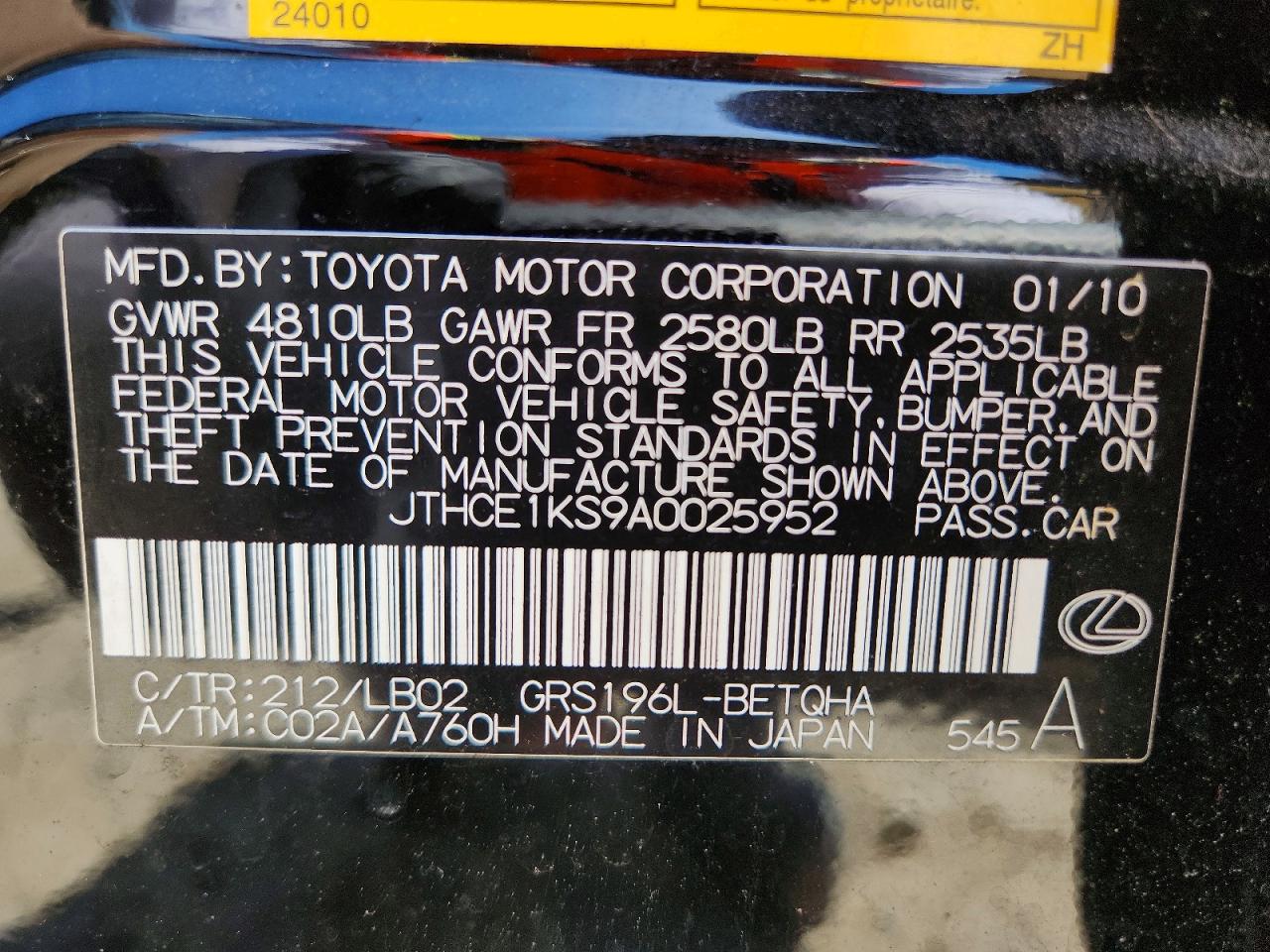 2010 Lexus Gs 350 Black vin: JTHCE1KS9A0025952
