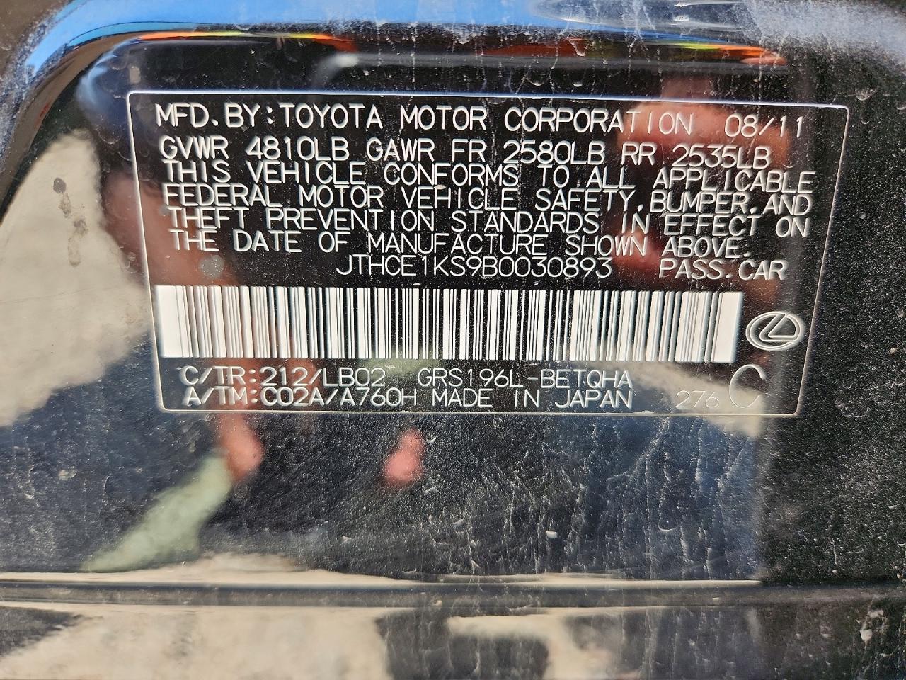 2011 Lexus Gs 350 Black vin: JTHCE1KS9B0030893