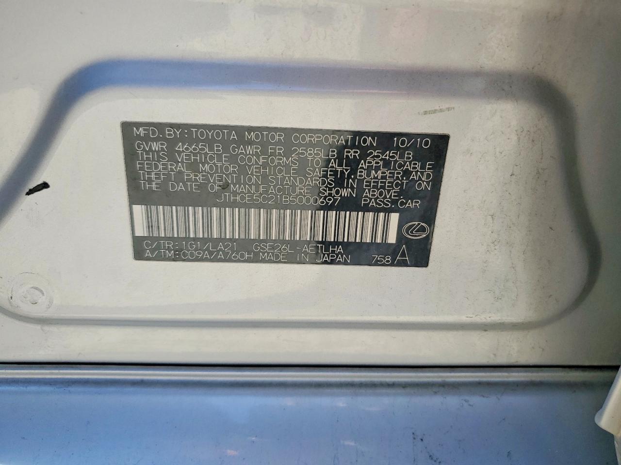 2011 Lexus Is 350 Silver vin: JTHCE5C21B5000697
