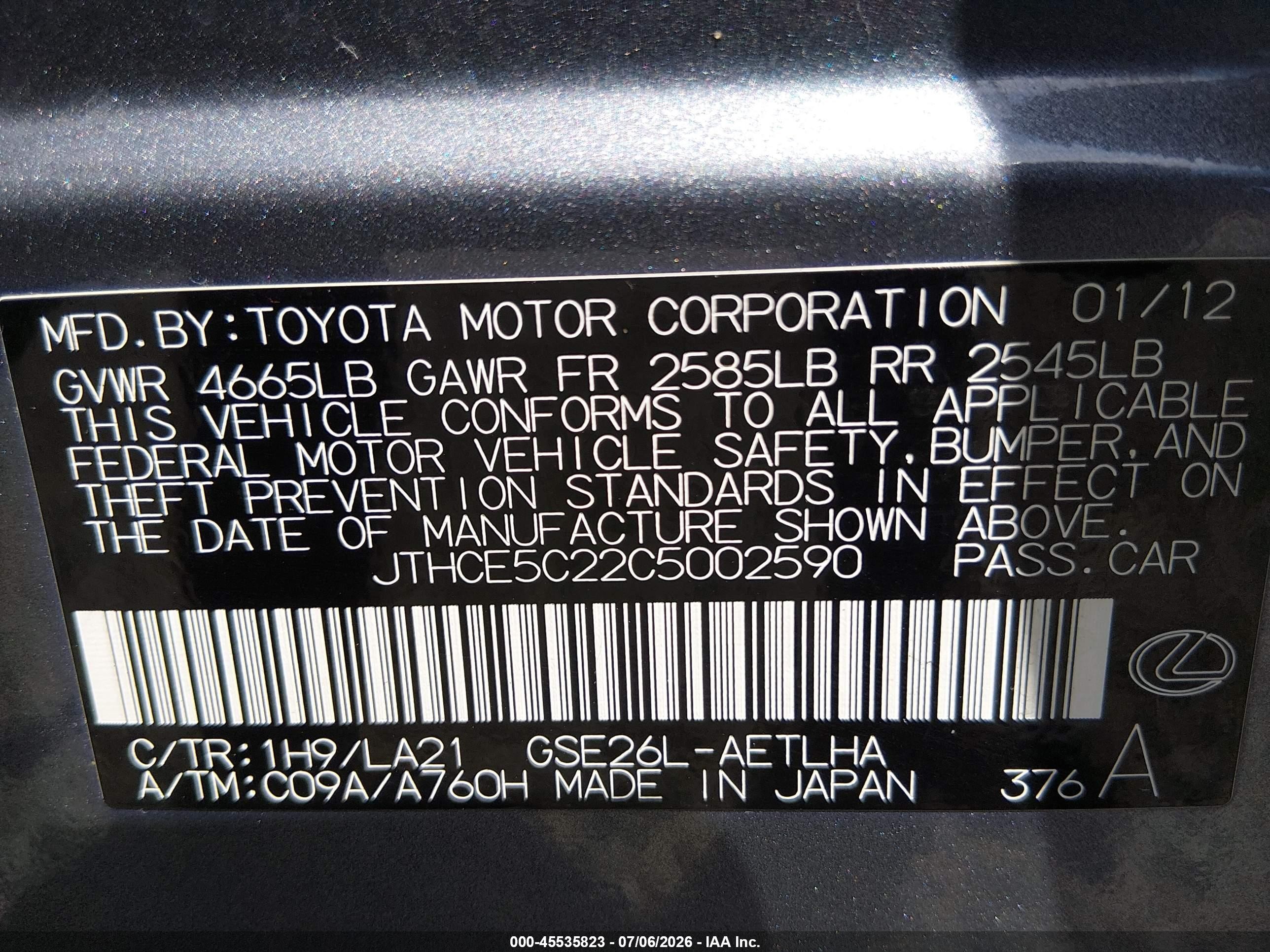 2012 Lexus Is 350   Black vin: JTHCE5C22C5002590