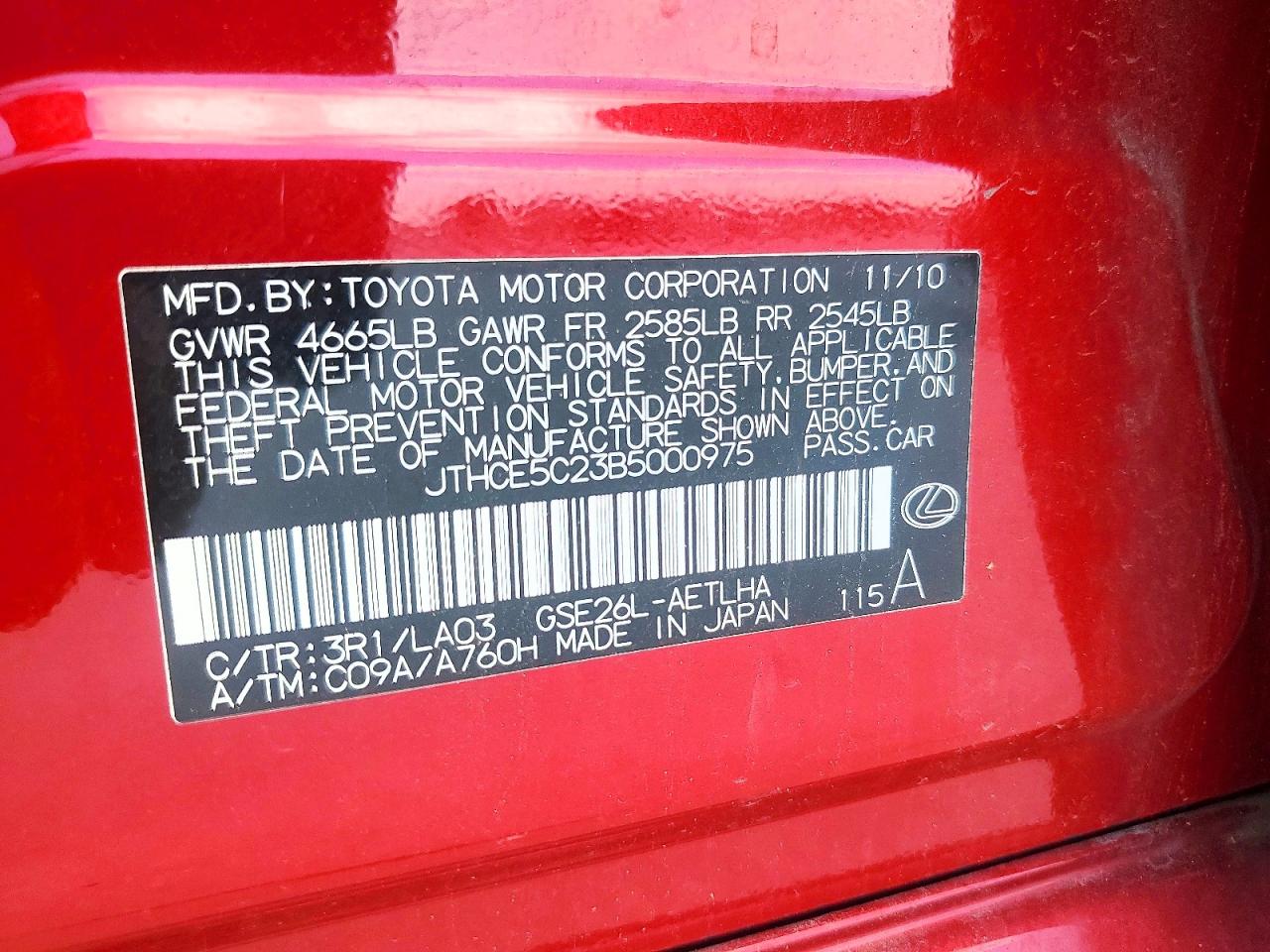 2011 Lexus Is 350 Red vin: JTHCE5C23B5000975