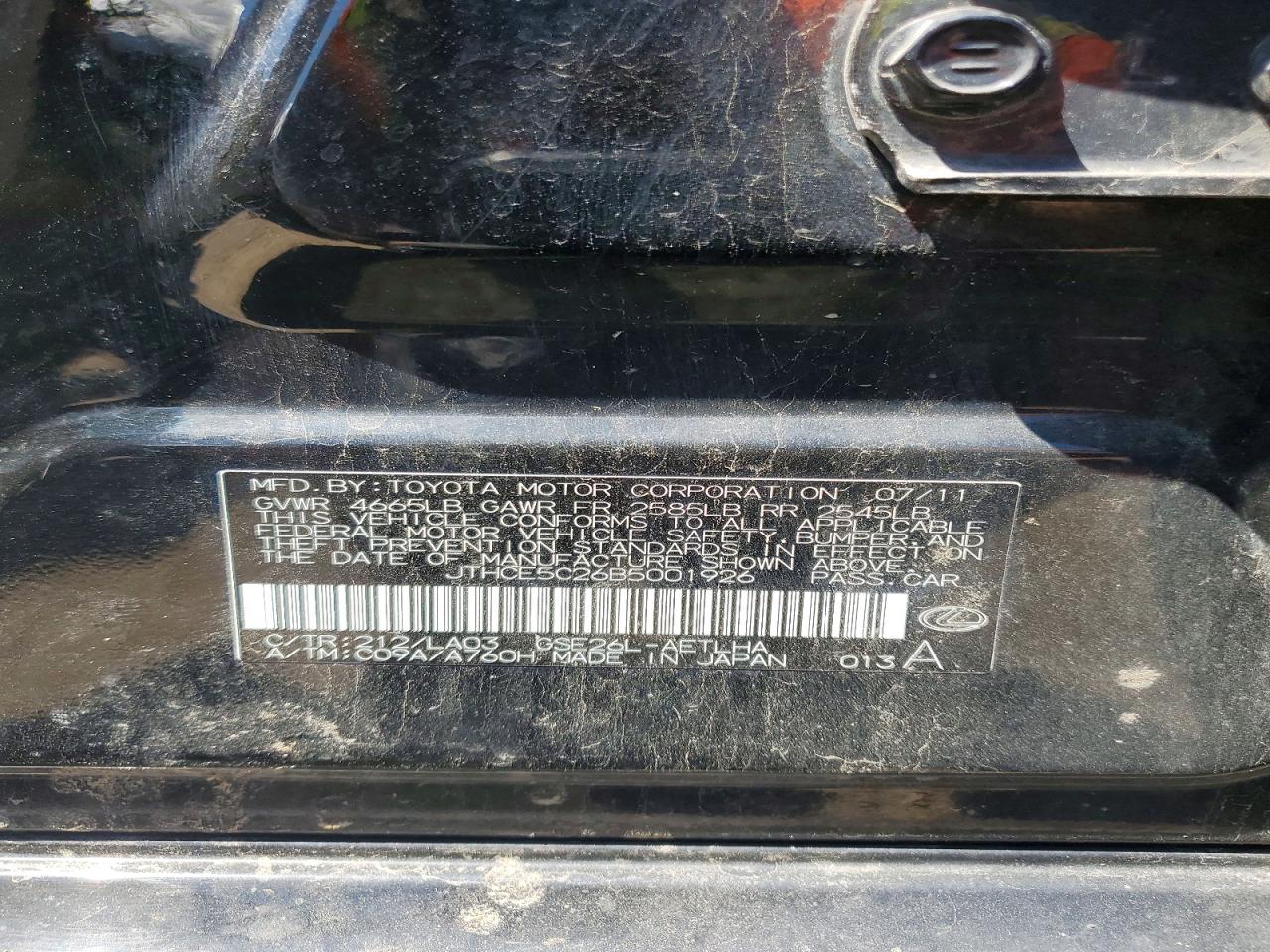 2011 Lexus Is 350 Black vin: JTHCE5C26B5001926
