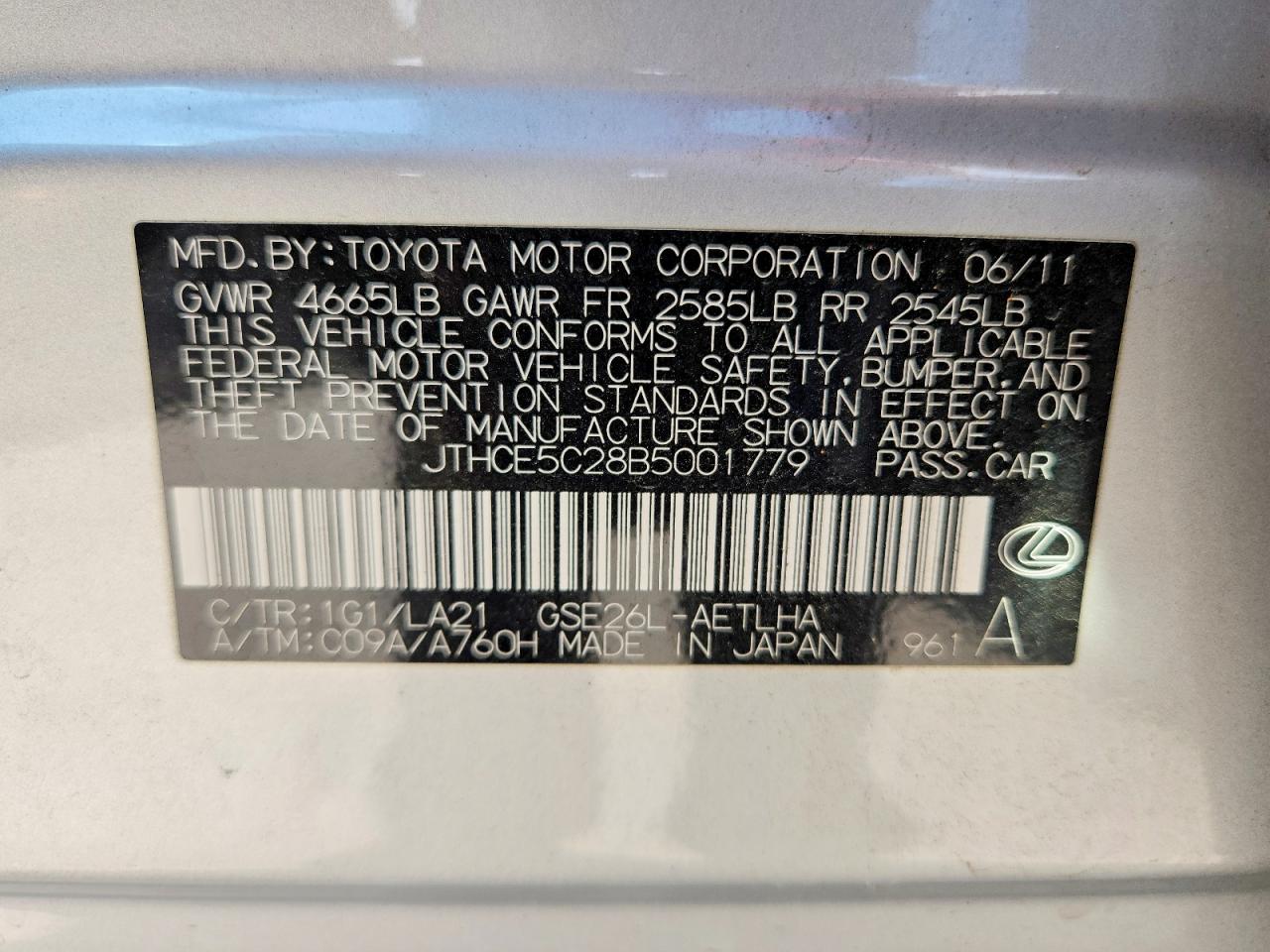 2011 Lexus Is 350 Silver vin: JTHCE5C28B5001779