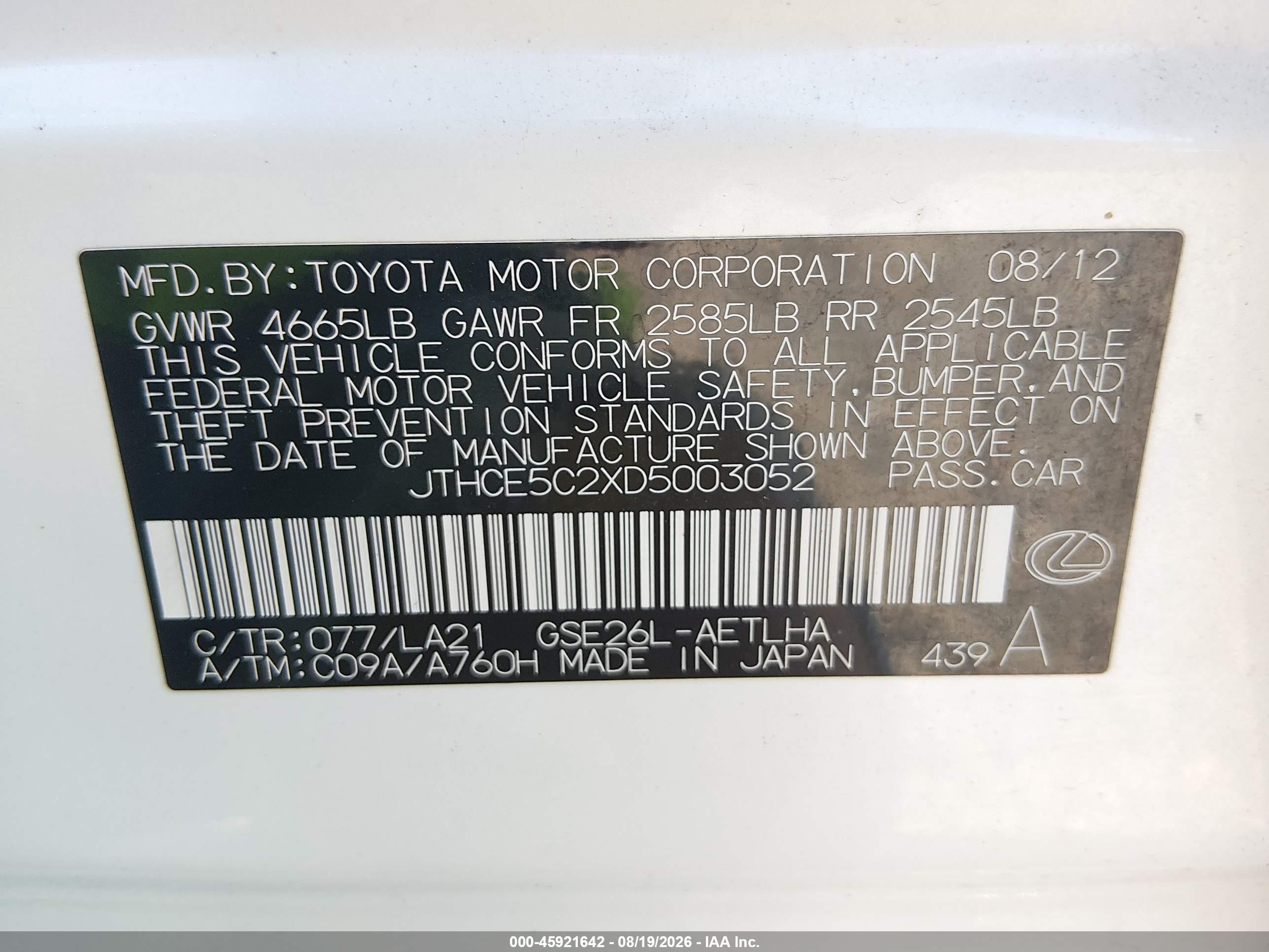 2013 Lexus Is 350 White vin: JTHCE5C2XD5003052