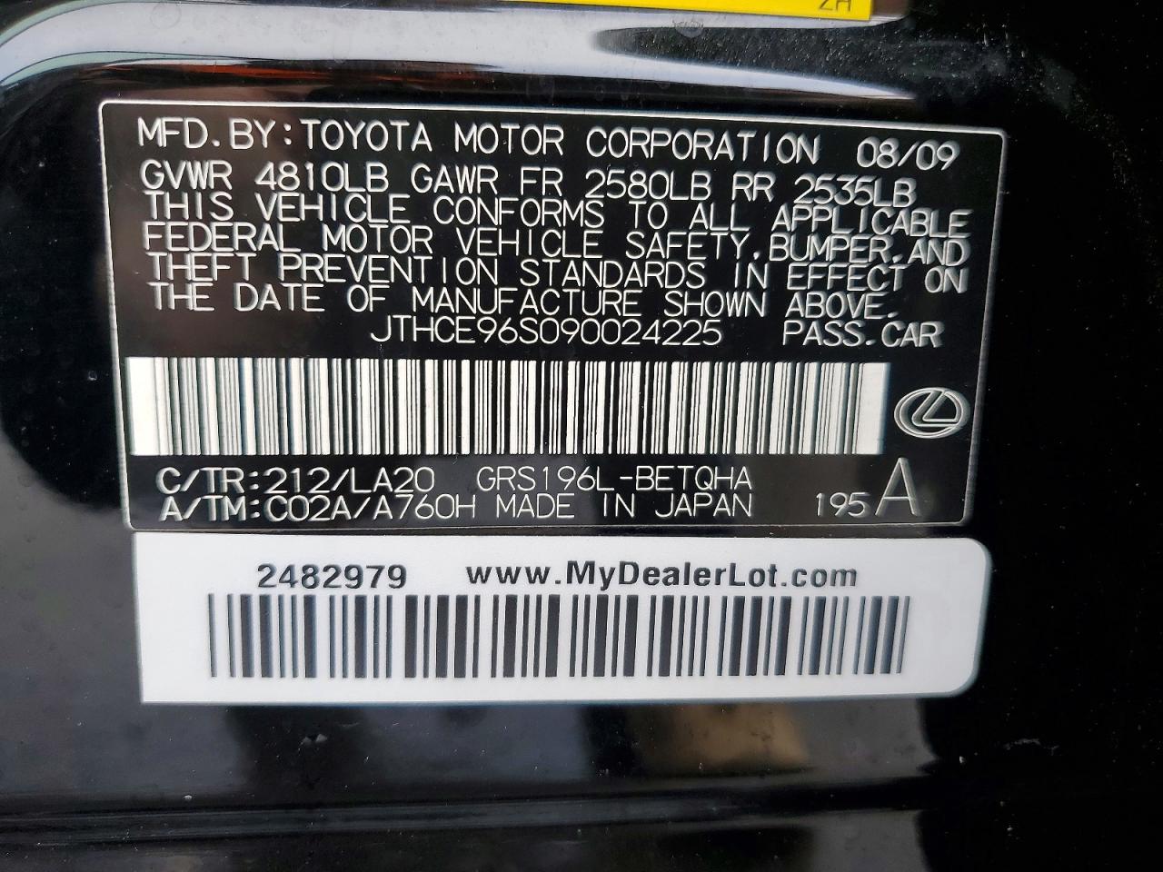 2009 Lexus Gs 350 Черный vin: JTHCE96S090024225