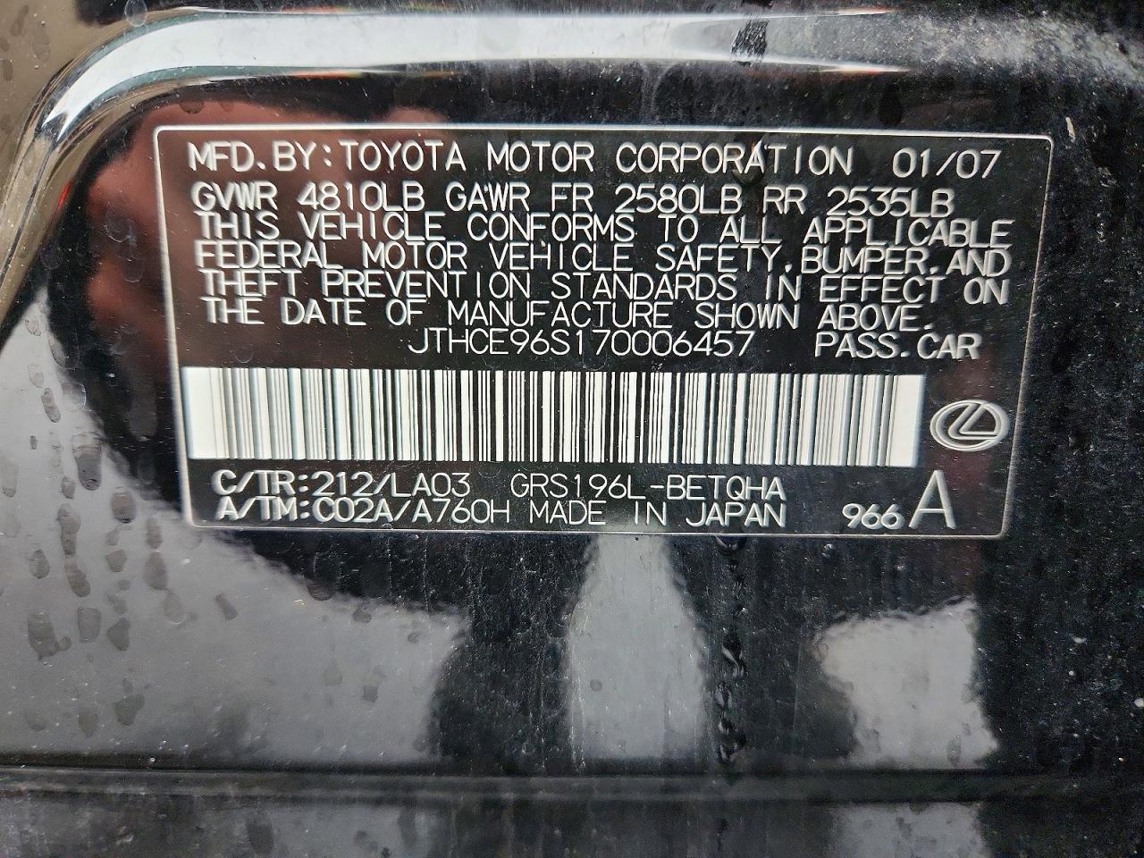 2007 Lexus Gs 350 Black vin: JTHCE96S170006457