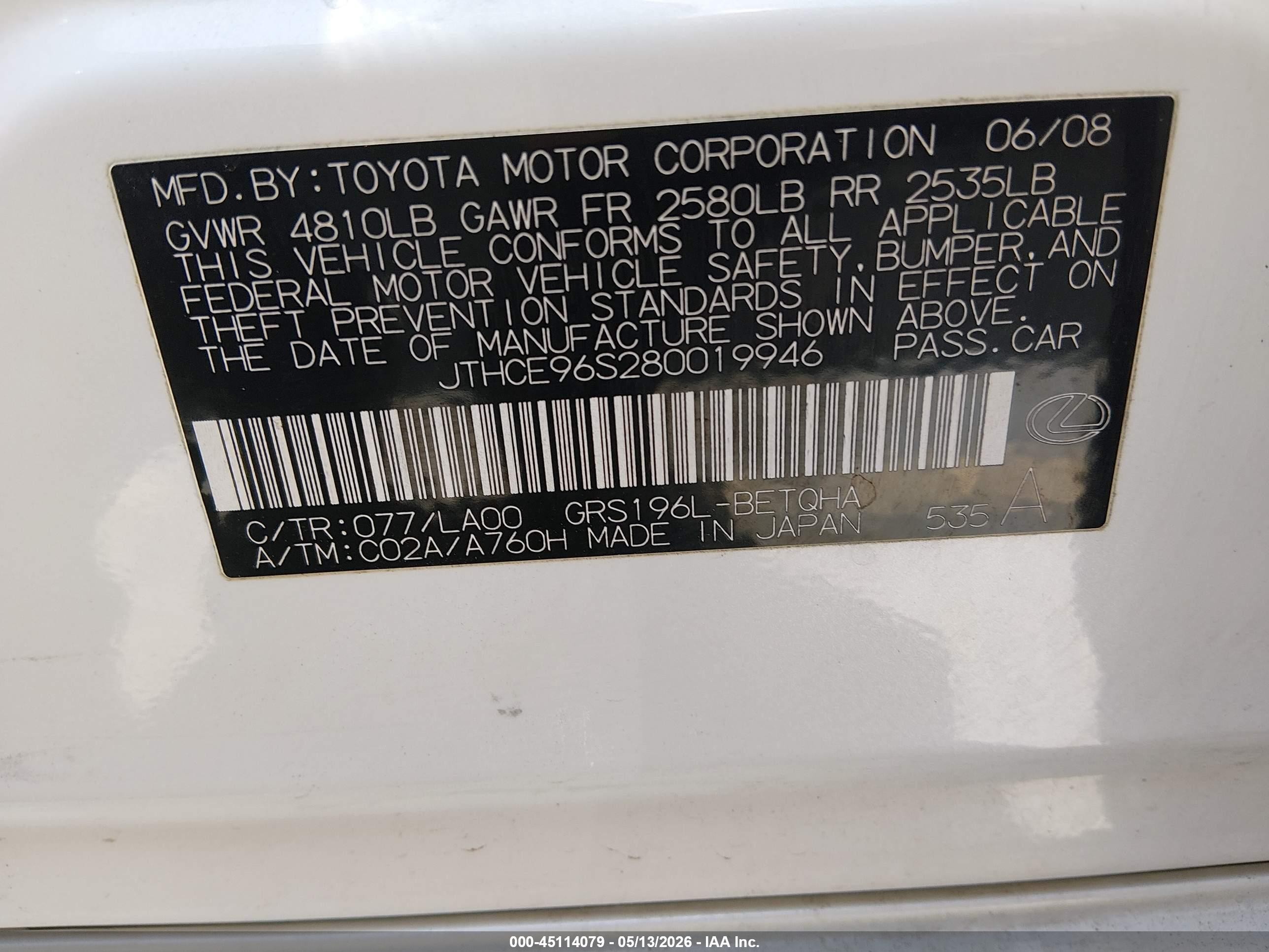 2008 Lexus Gs 350   White vin: JTHCE96S280019946