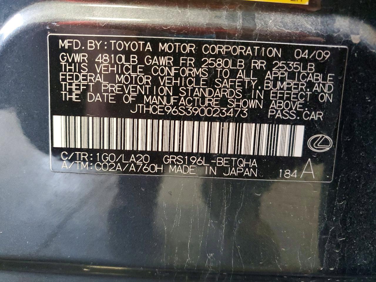 2009 Lexus Gs 350 Charcoal vin: JTHCE96S390023473
