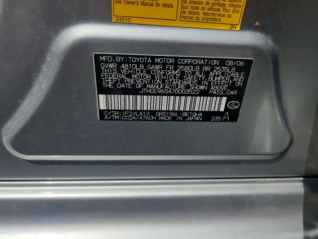 2007 Lexus Gs 350 Silver vin: JTHCE96S470003522
