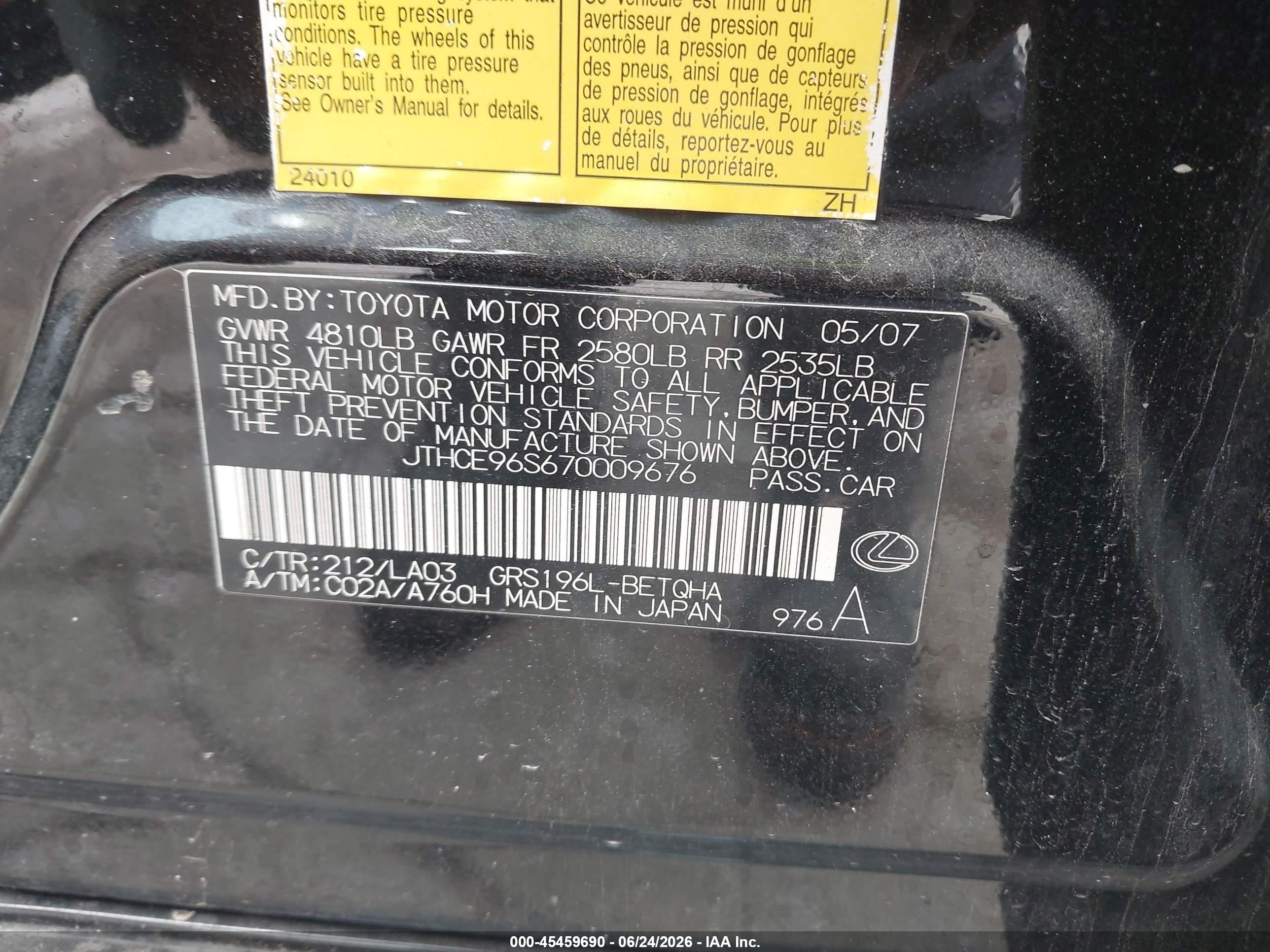 2007 Lexus Gs 350 Black vin: JTHCE96S670009676