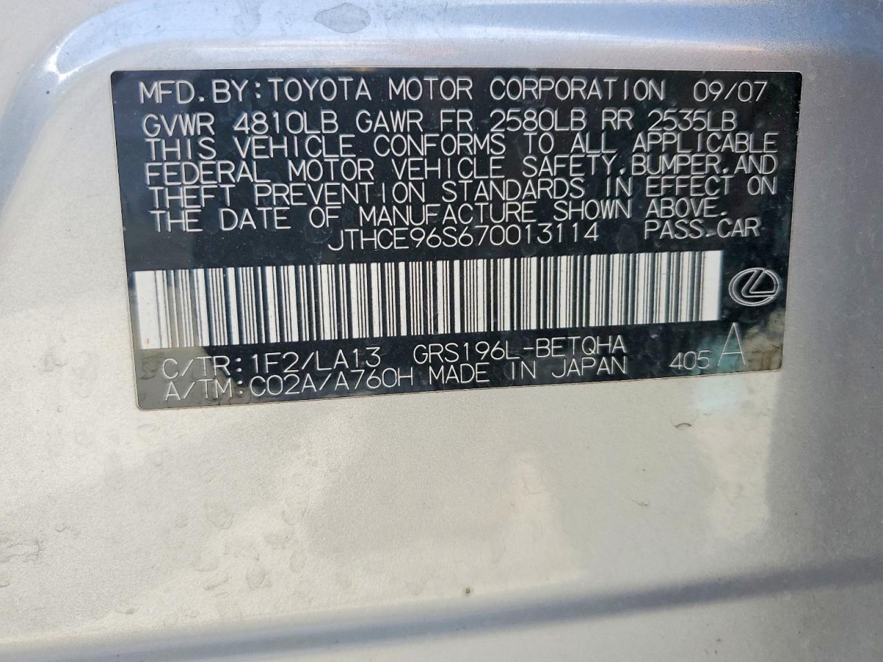 2007 Lexus Gs 350 Silver vin: JTHCE96S670013114