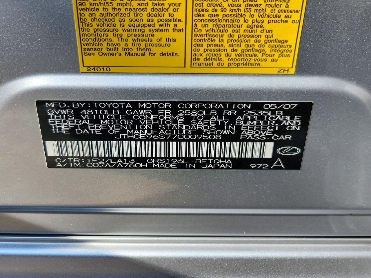 2007 Lexus Gs 350 Silver vin: JTHCE96S770009508