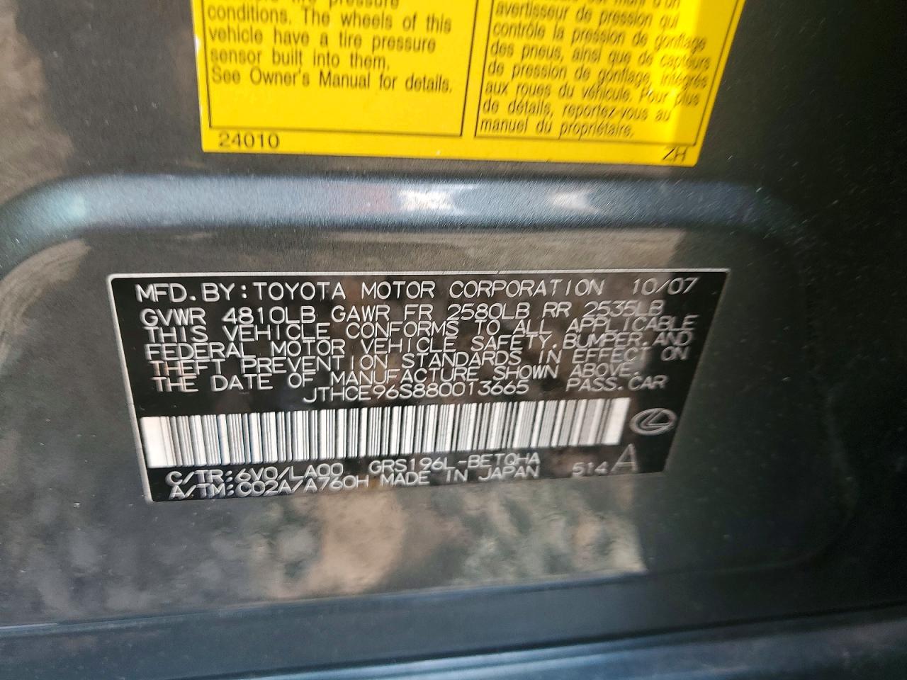 2008 Lexus Gs 350 Gray vin: JTHCE96S880013665