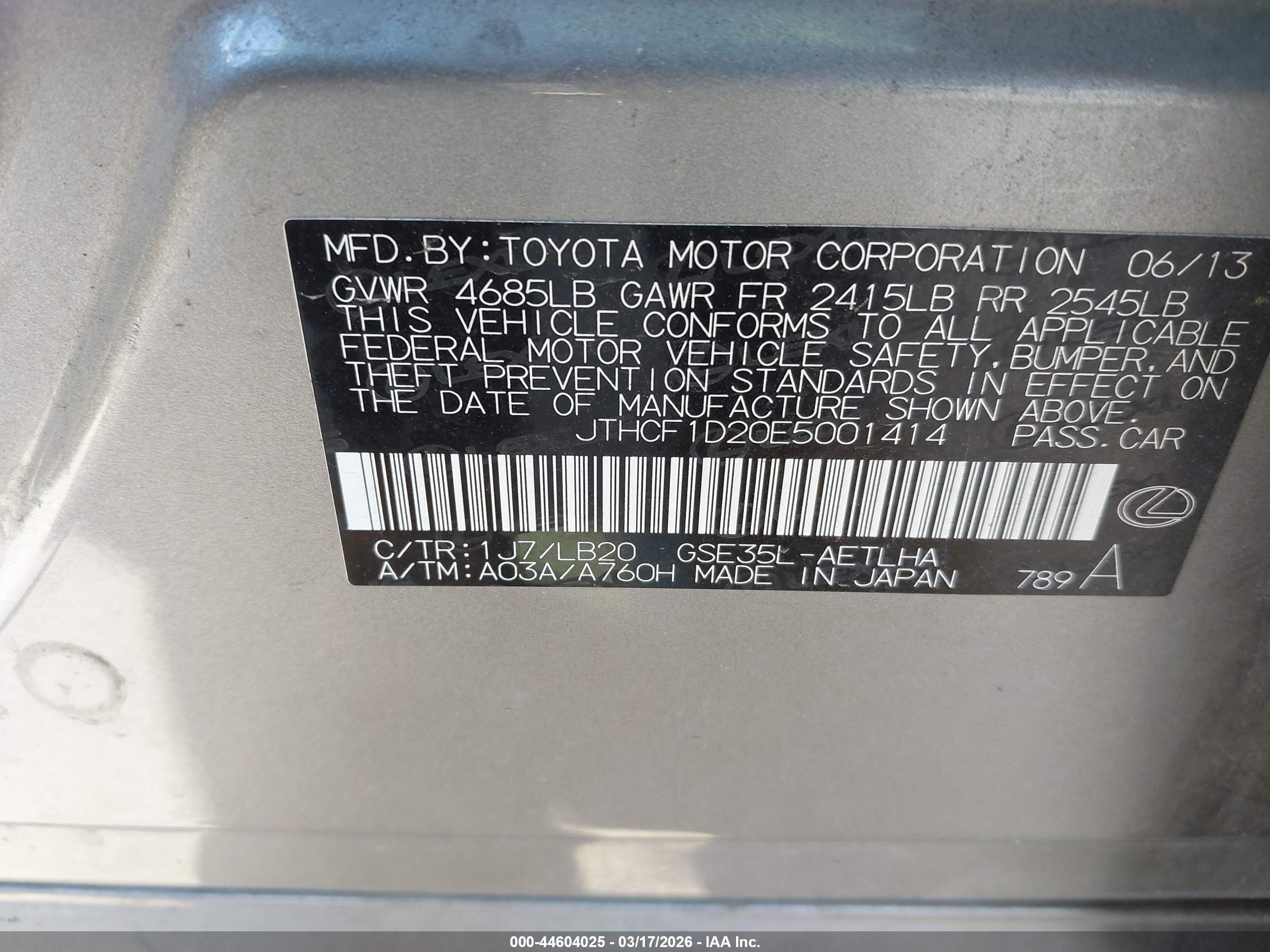 2014 Lexus Is 250   Silver vin: JTHCF1D20E5001414