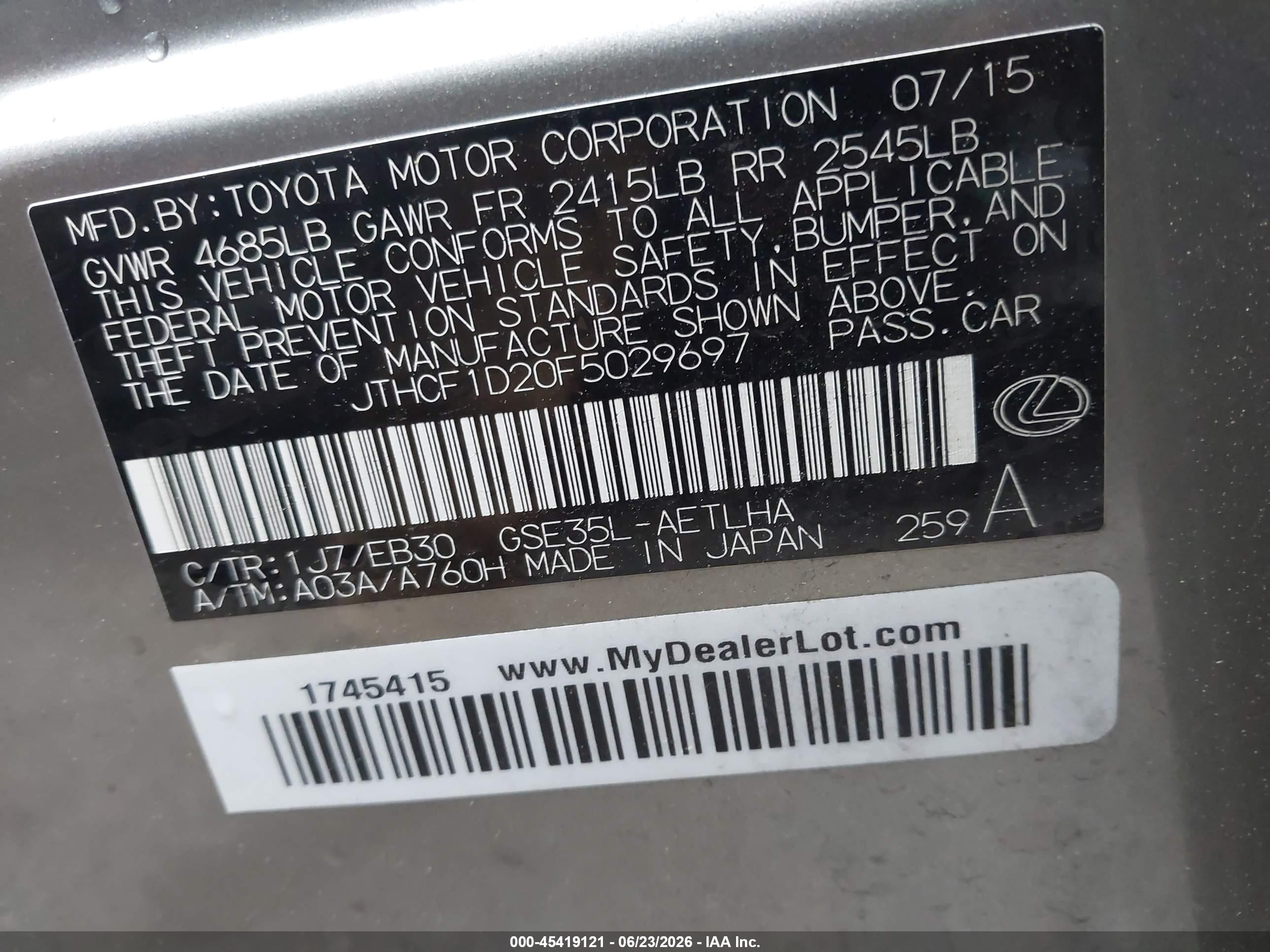 2015 Lexus Is 250   Champagne vin: JTHCF1D20F5029697