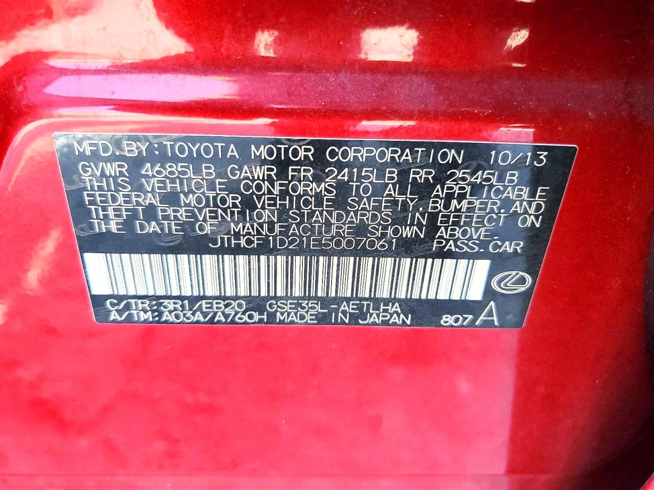 2014 Lexus Is 250 Red vin: JTHCF1D21E5007061