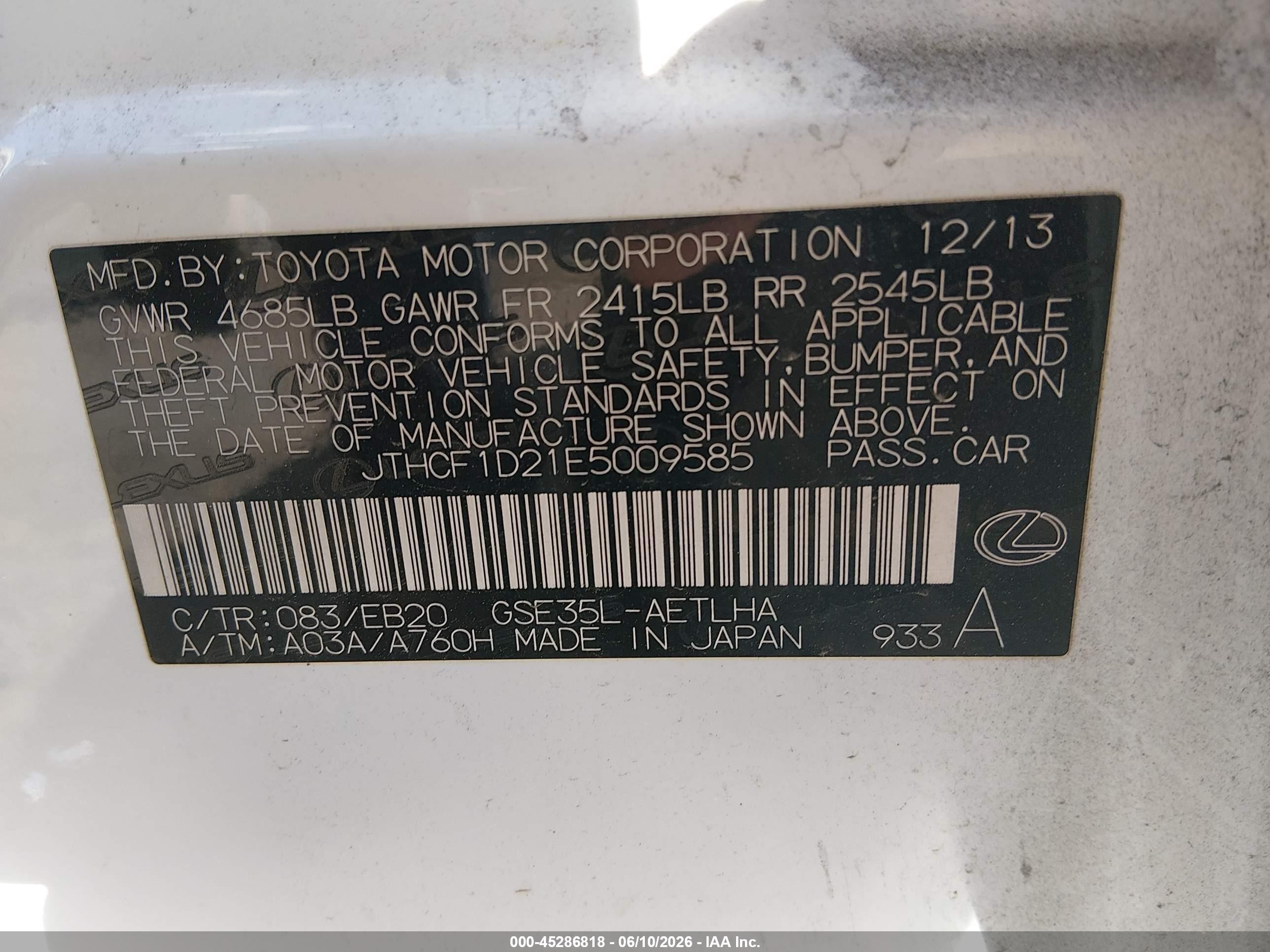 2014 Lexus Is 250   White vin: JTHCF1D21E5009585