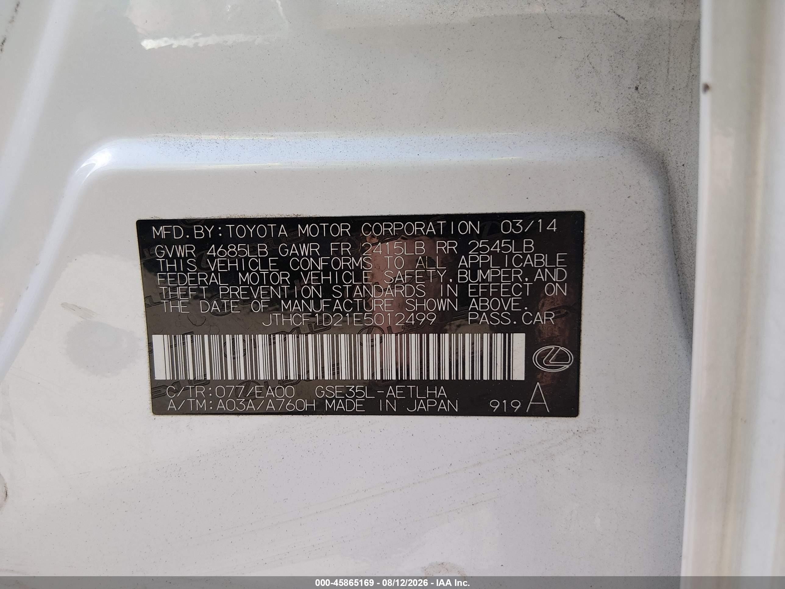 2014 Lexus Is 250 White vin: JTHCF1D21E5012499