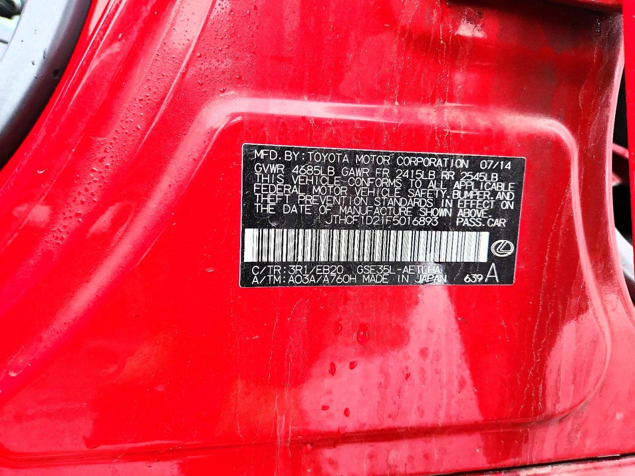 2015 Lexus Is 250 Base Red vin: JTHCF1D21F5016893
