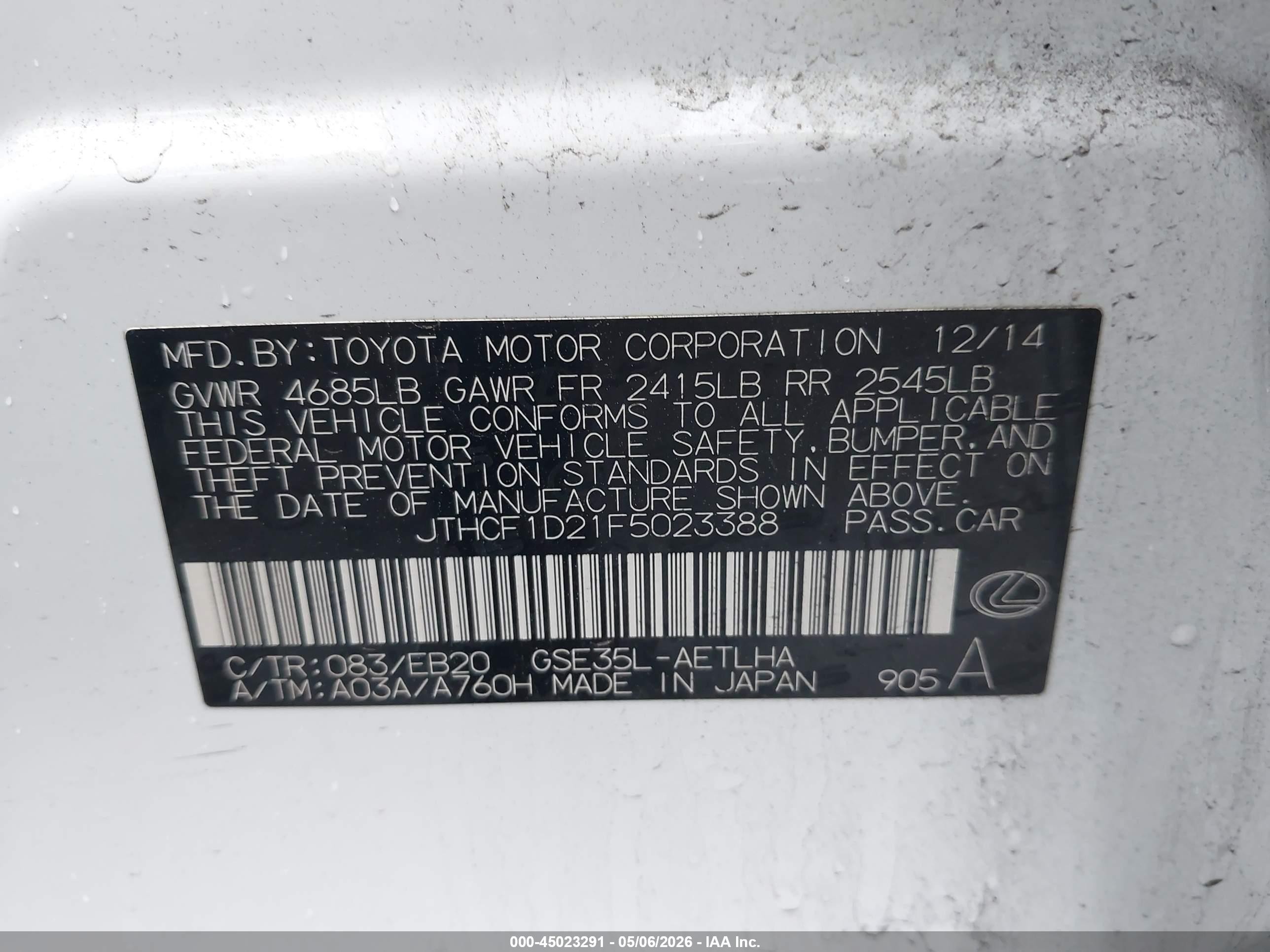 2015 Lexus Is 250   White vin: JTHCF1D21F5023388
