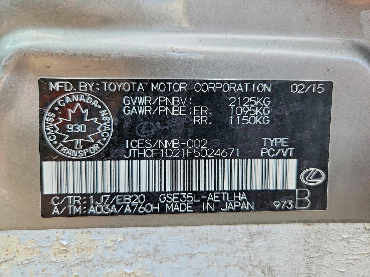 2015 Lexus Is 250 Base Silver vin: JTHCF1D21F5024671
