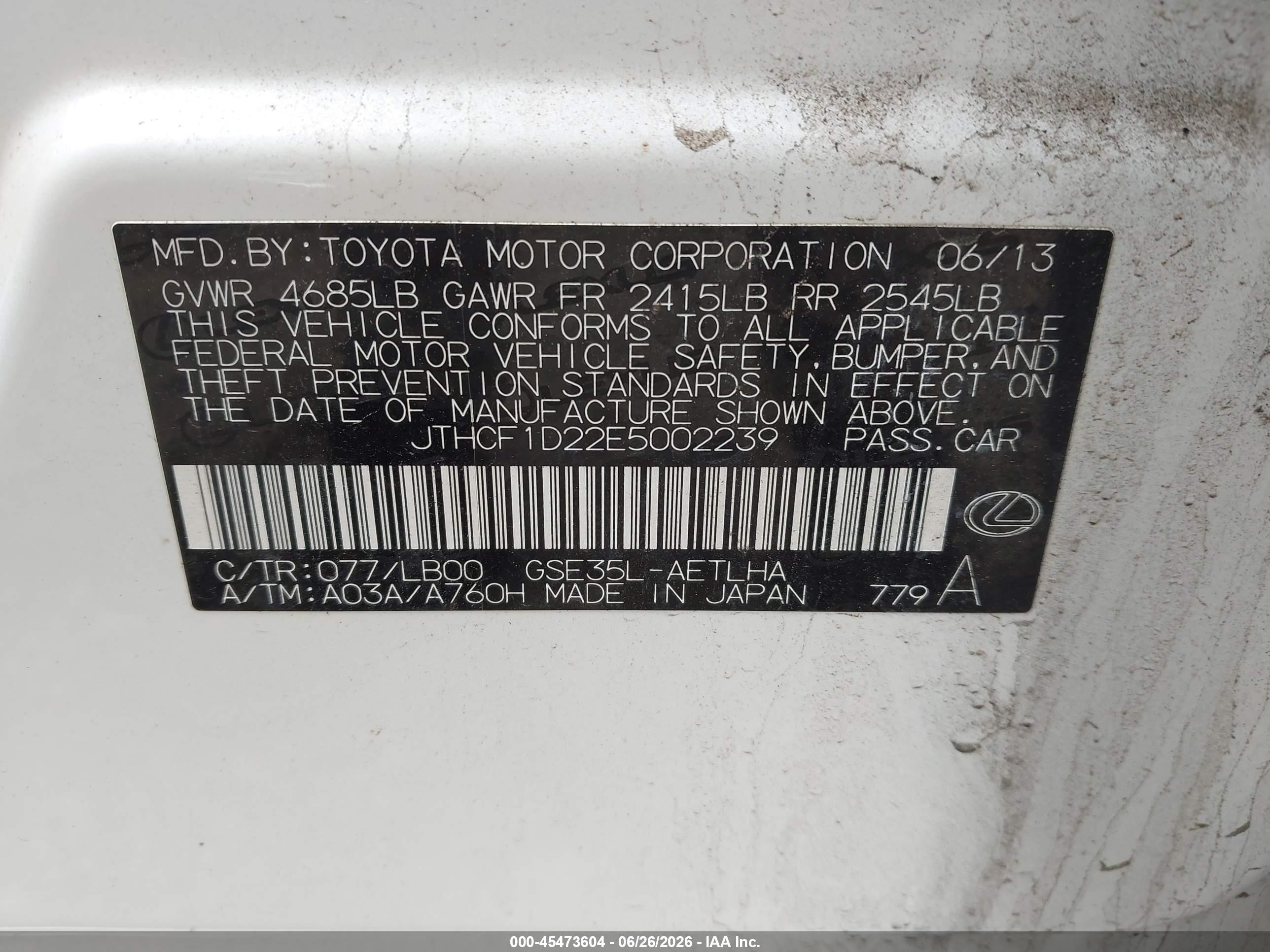 2014 Lexus Is 250   White vin: JTHCF1D22E5002239