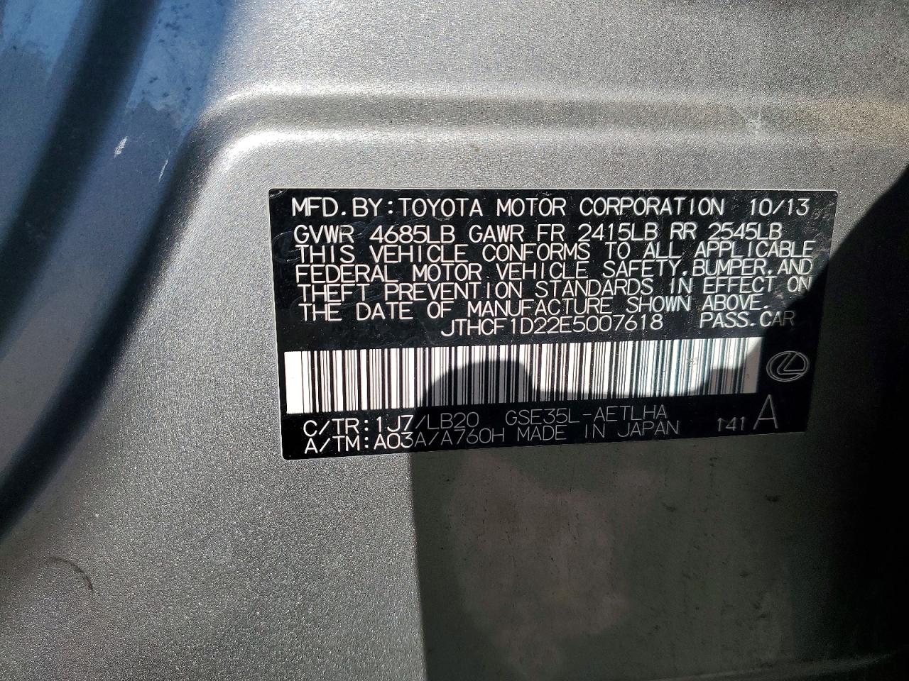 2014 Lexus Is 250 Silver vin: JTHCF1D22E5007618