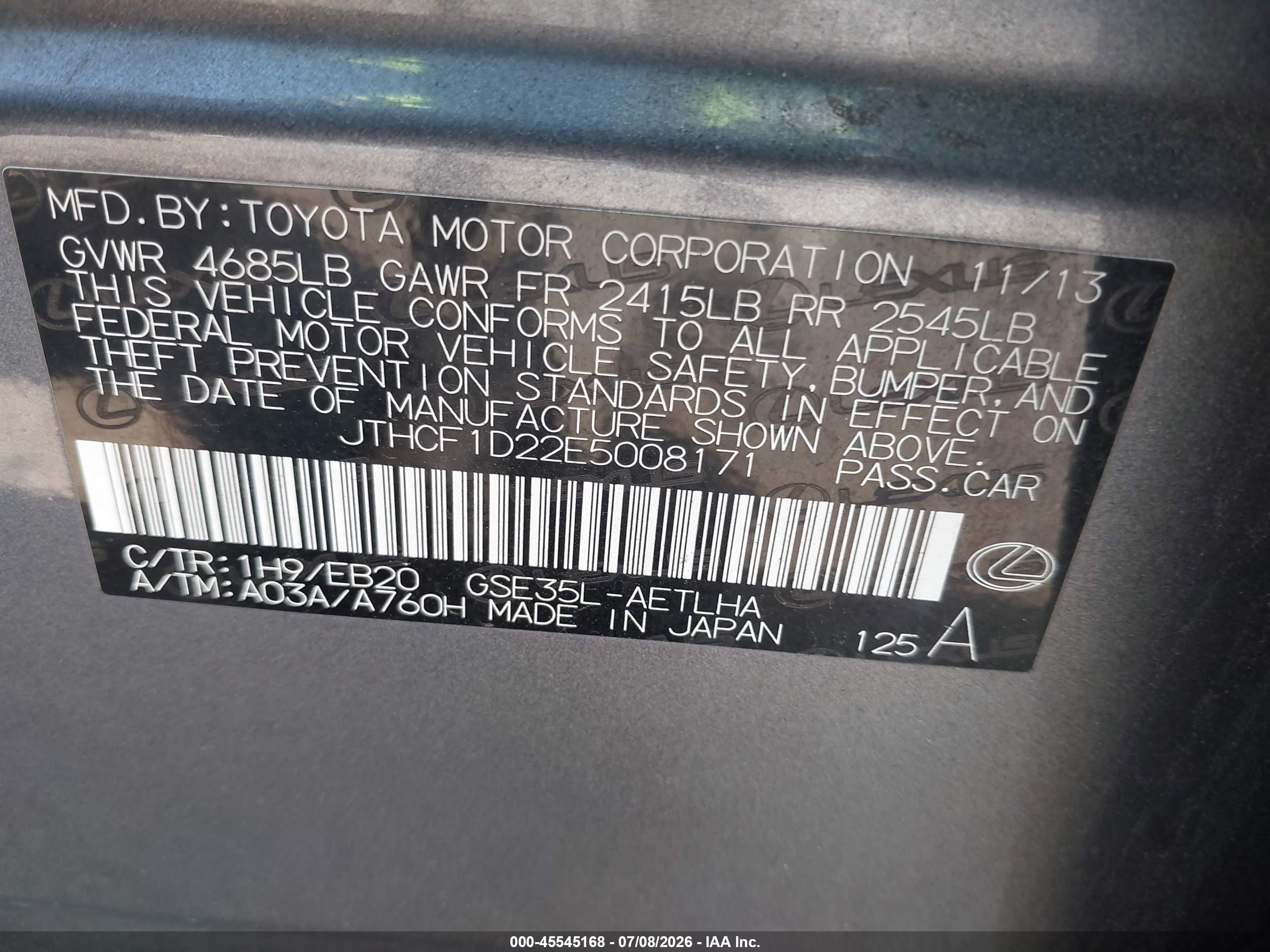 2014 Lexus Is 250   Gray vin: JTHCF1D22E5008171