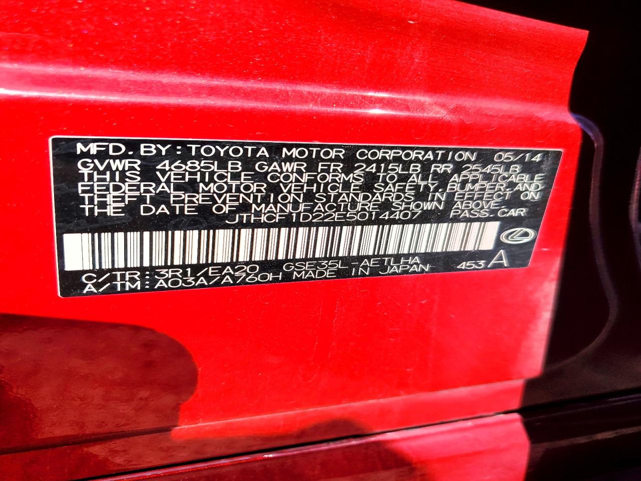 2014 Lexus Is 250 Red vin: JTHCF1D22E5014407