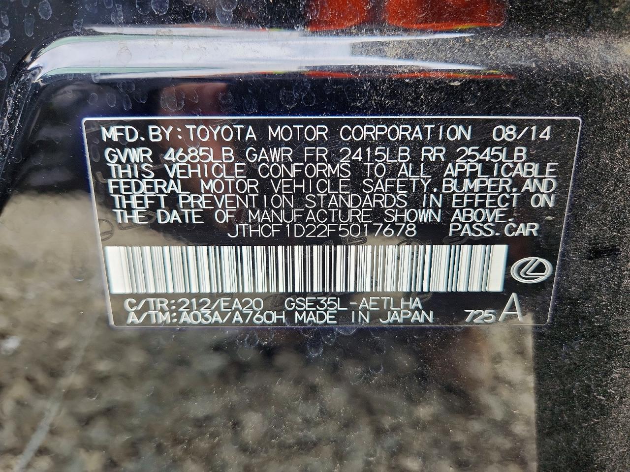 2015 Lexus Is 250 Black vin: JTHCF1D22F5017678