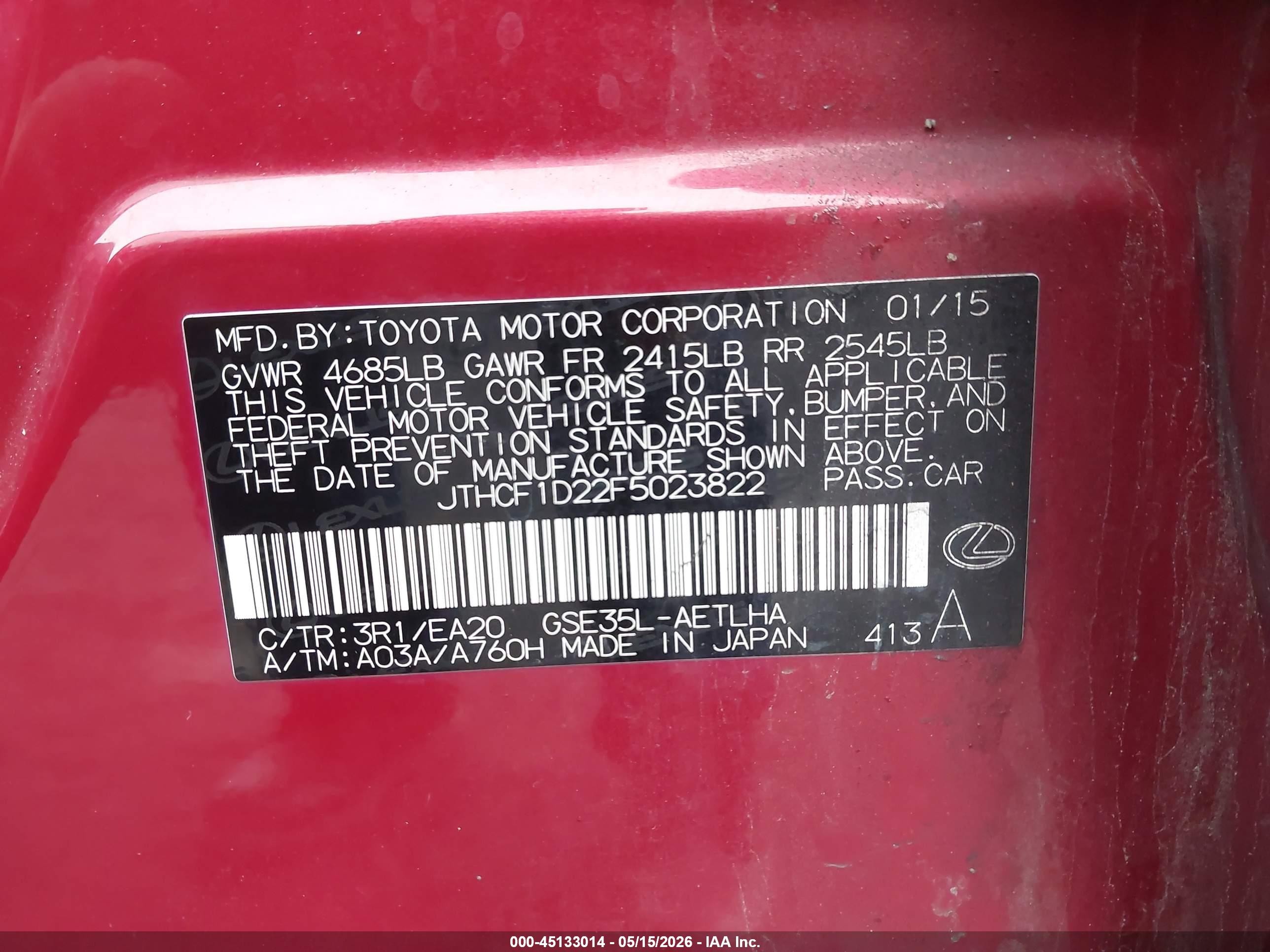 2015 Lexus Is 250 Red vin: JTHCF1D22F5023822