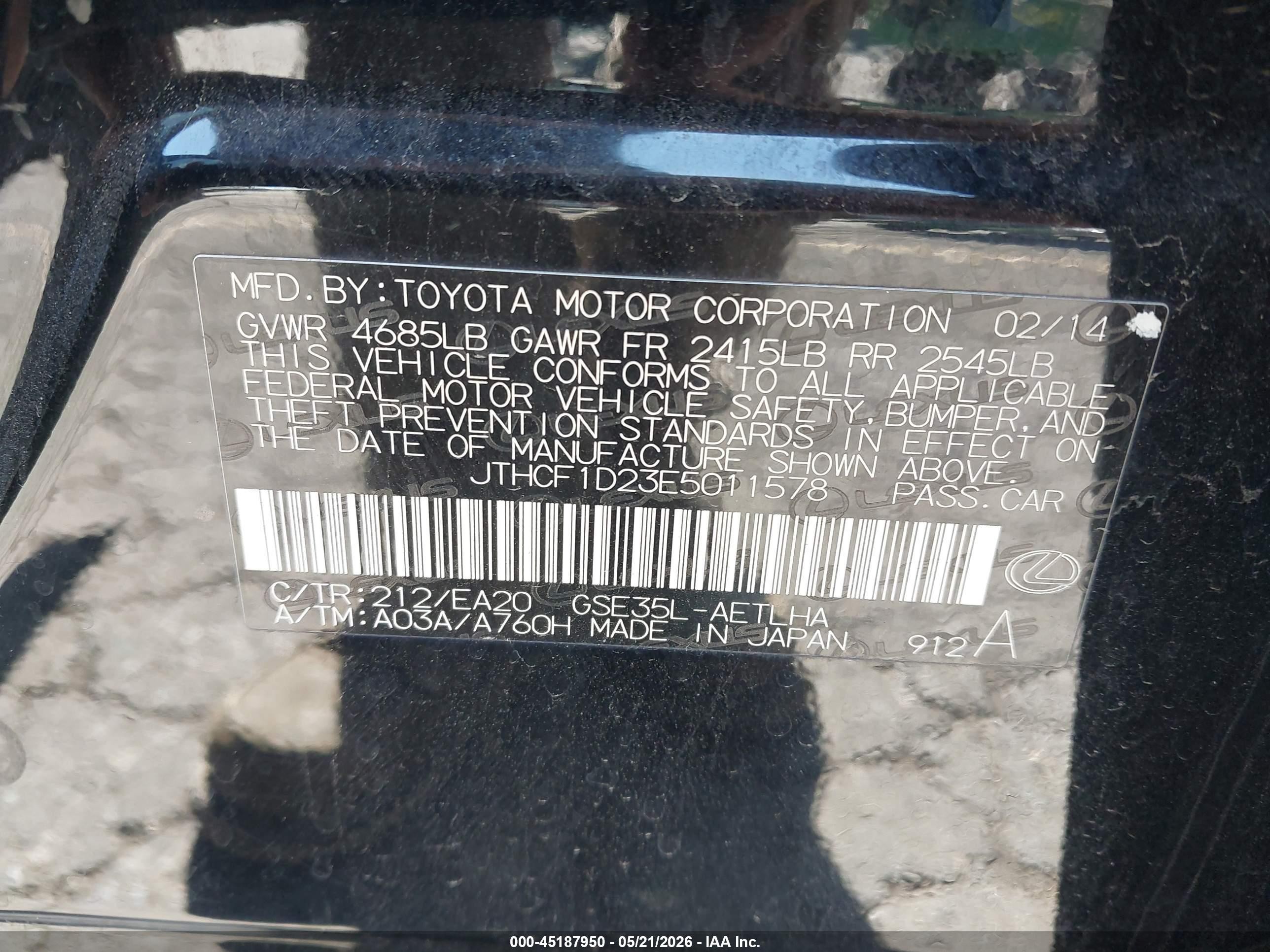2014 Lexus Is 250   Black vin: JTHCF1D23E5011578
