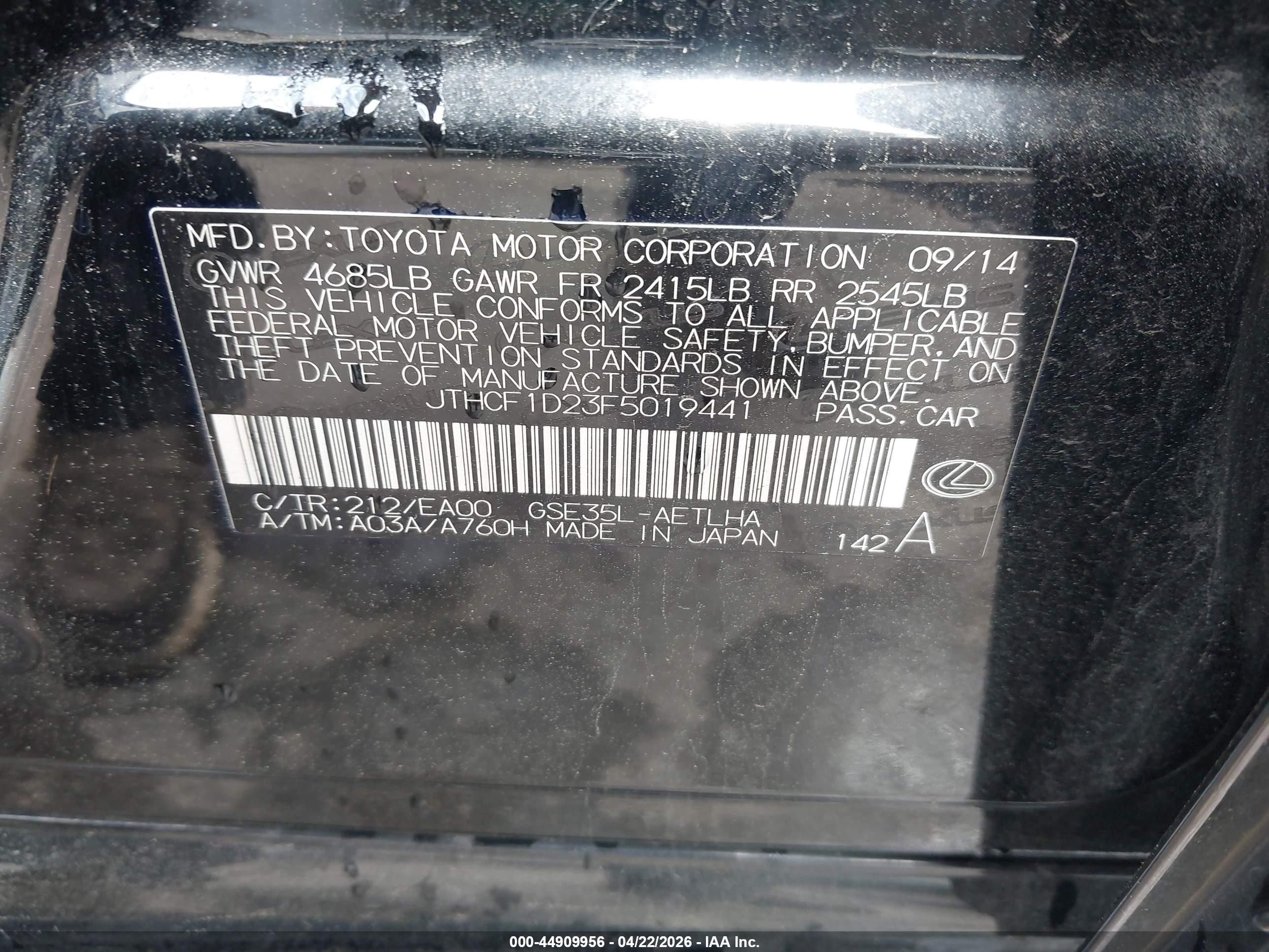 2015 Lexus Is 250   Black vin: JTHCF1D23F5019441