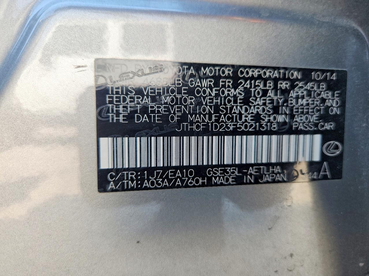 2015 Lexus Is 250 Silver vin: JTHCF1D23F5021318