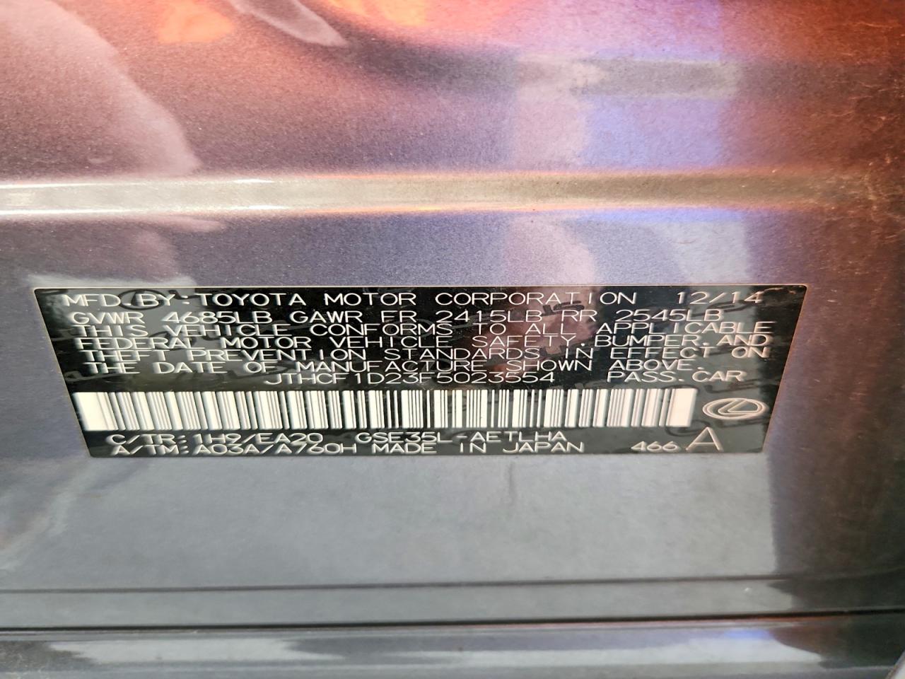 2015 Lexus Is 250 Gray vin: JTHCF1D23F5023554